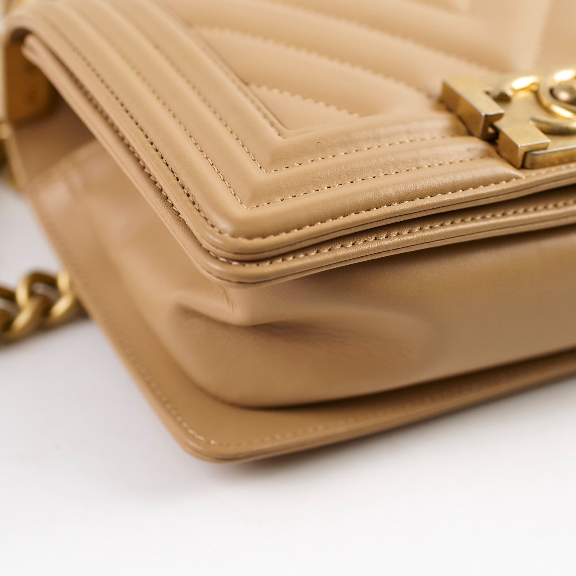 Chanel Small Boy Chevron Beige Calfskin Leather Handbag - Luxury Designer Crossbody Bag for Women, Perfect for Date Night & Evening Events