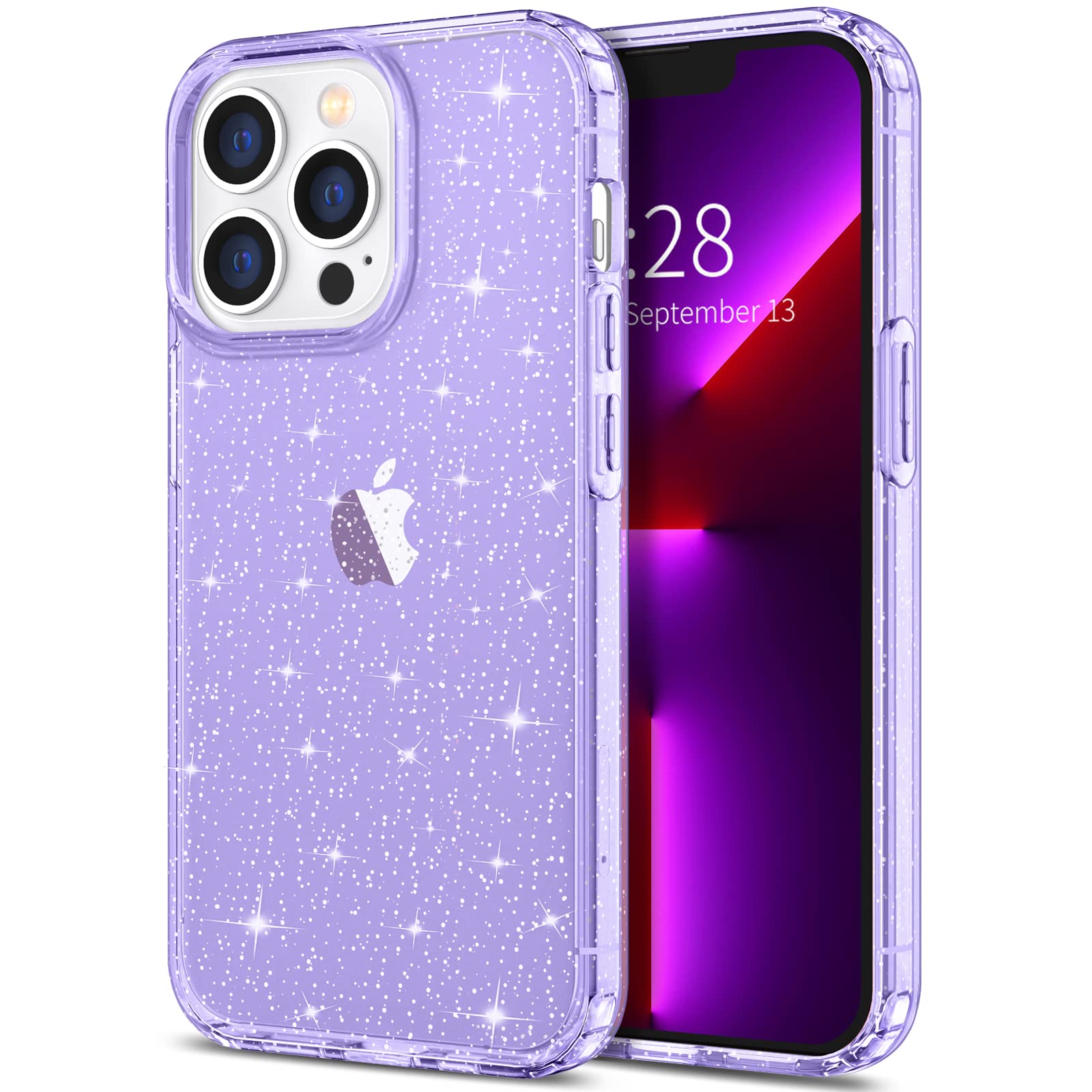 Hython Glitter Case for iPhone 13 Pro Max - Sparkly Clear Protective Phone Cover with Bling Shine | Anti-Scratch Shockproof Slim Fit Hard PC Case for Women & Girls (Purple Glitter) | Perfect for Everyday Use, Parties & Gift Giving