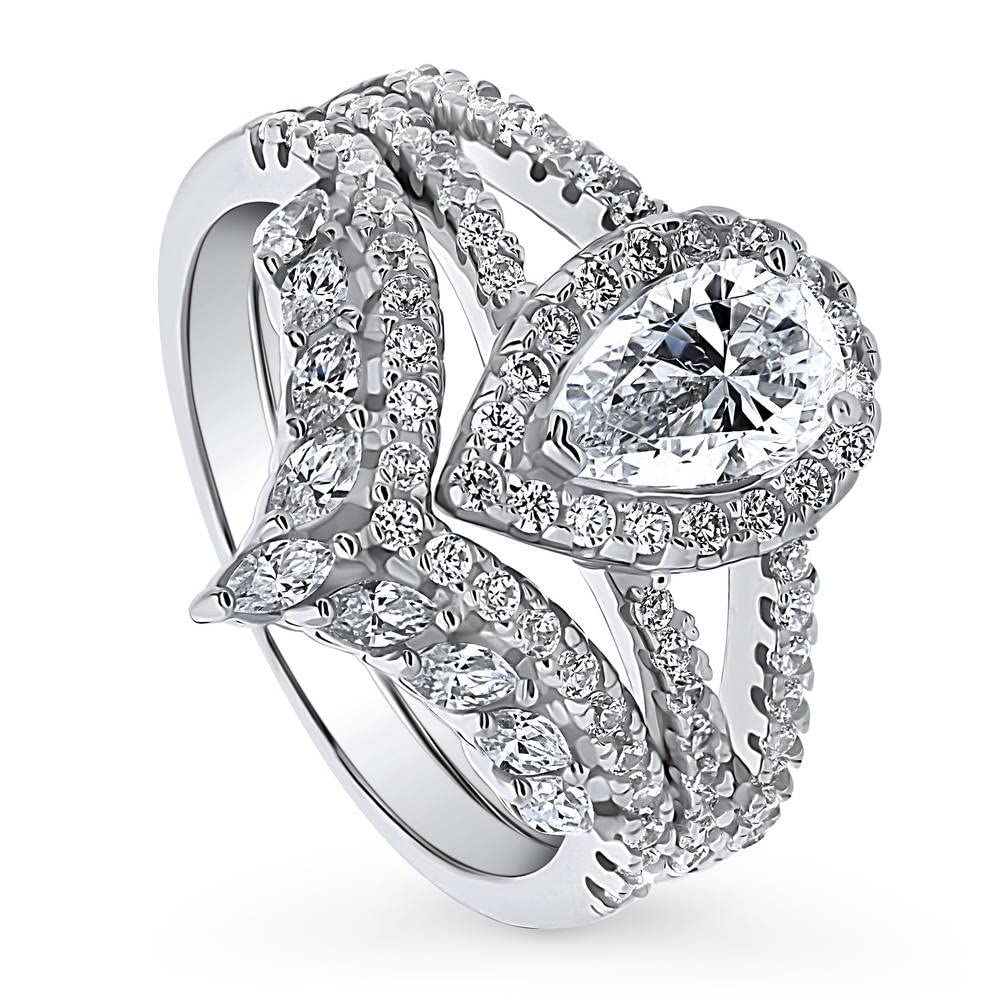 BERRICLE Sterling Silver Pear Cut Cubic Zirconia Halo Engagement Ring Set for Women - Rhodium Plated Wedding Band, Size 4-10, Elegant Wishbone Split Shank Design - Perfect for Proposals, Anniversaries & Special Occasions