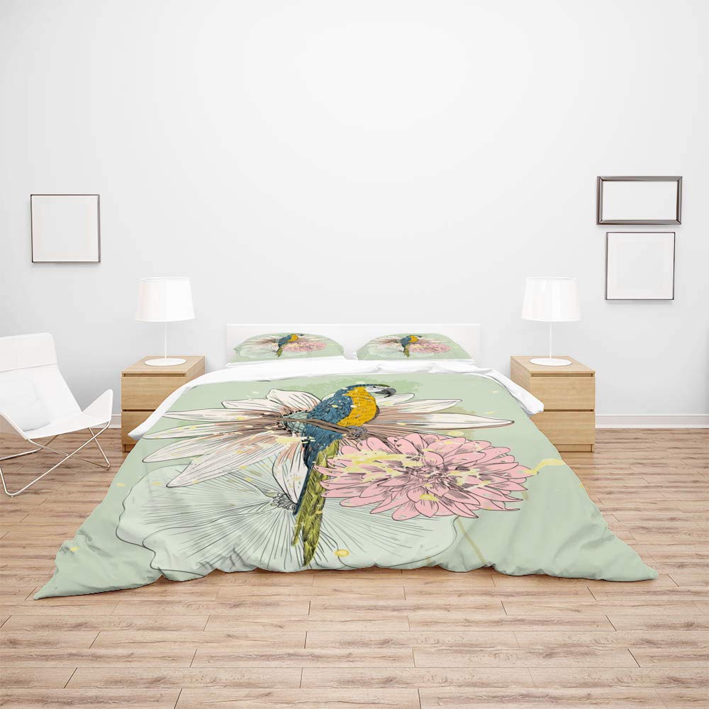 Premium 3-Piece Duvet Cover Set with Parrot Flower Design - Breathable Soft All-Season Bedding for Farmhouse & Hotel Style - Includes Comforter Cover & Pillow Shams - Perfect for Guest Rooms, Vacation Homes & Cozy Bedroom Decor