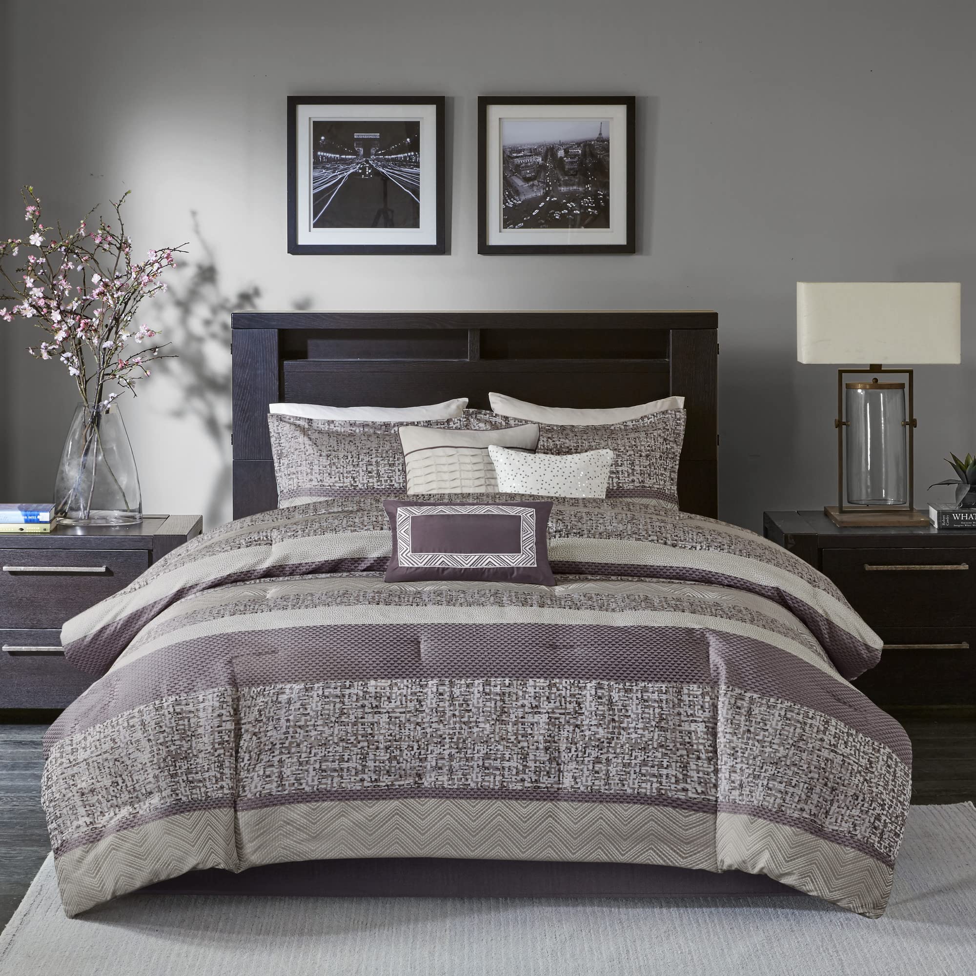 Madison Park Luxury Comforter Set - Traditional Jacquard Design, All Season Down Alternative Bedding with Matching Bedskirt & Decorative Pillows | California King (104x92 inches) | Rhapsody Striped Purple 7-Piece Set for Master Bedroom & Guest Room Decor