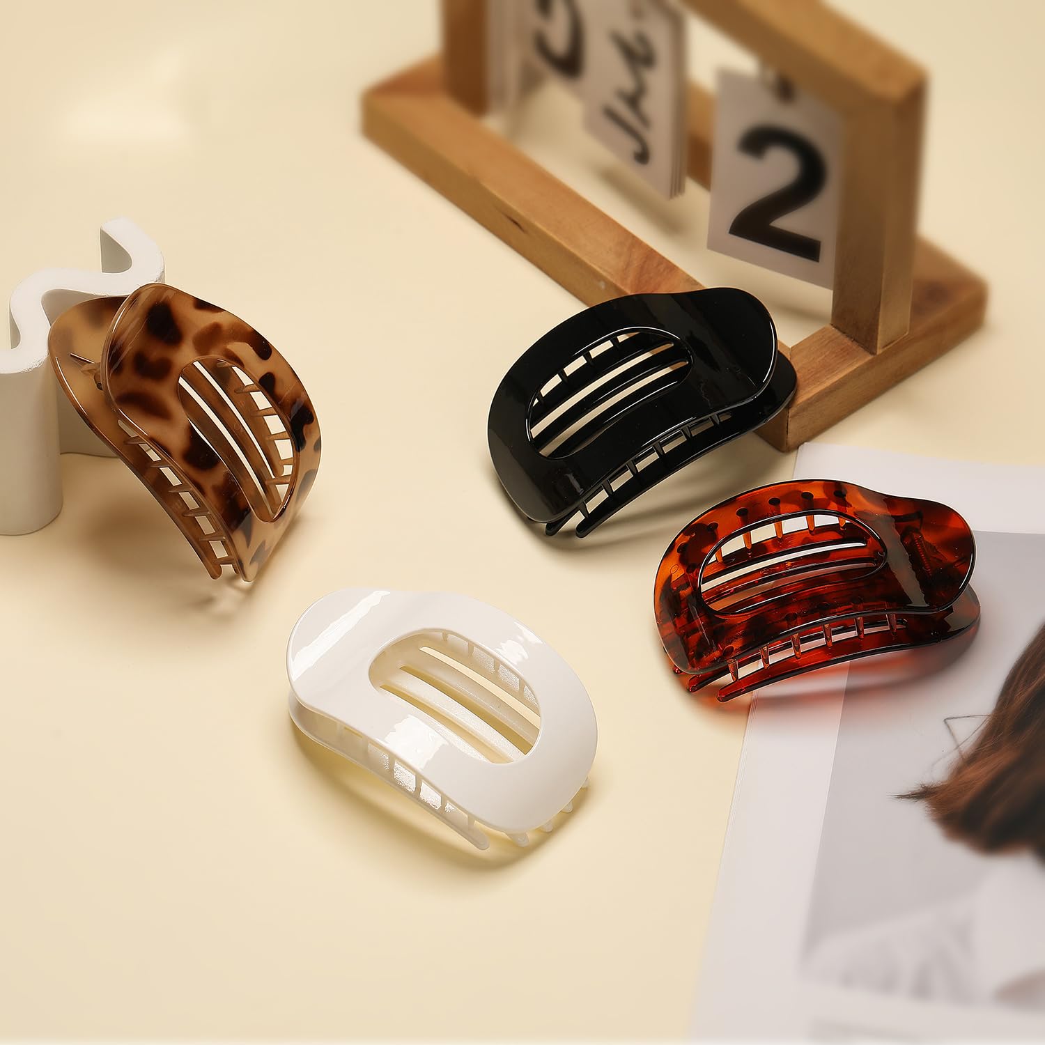 4 PCS Flat Hair Clips for Women - Round Lay Down Hair Claw Clips, French Barrettes for Thick & Thin Hair - Strong Hold Comfortable Curved Hair Clips for Sleeping, Driving, Work & Everyday Use (Leopard Print)