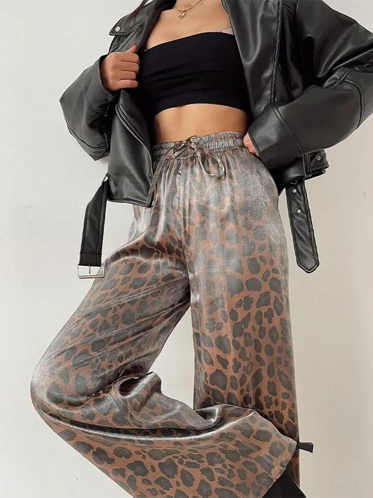 Women's Fashion Leopard Print Wide Leg Pants - High Waist Elastic Glitter Lace-Up Loose Long Trousers for Casual & Streetwear | Perfect for Parties, Night Out and Everyday Wear