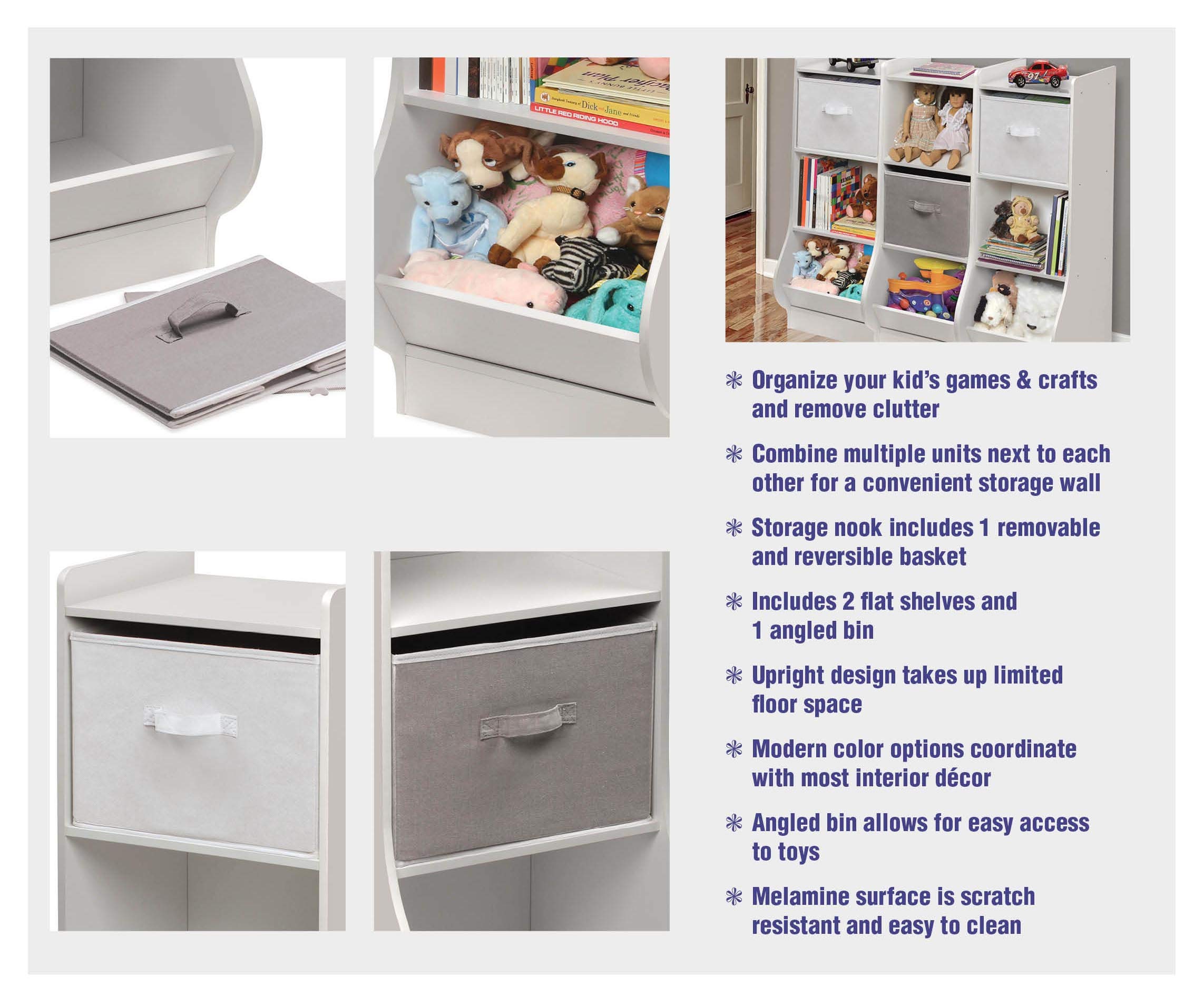 Badger Basket White Upright Storage Nook with Reversible Basket - Melamine Surface, 2 Shelves & Angled Bin - Customizable Kids Storage Organizer for Bedroom, Playroom & Nursery Organization