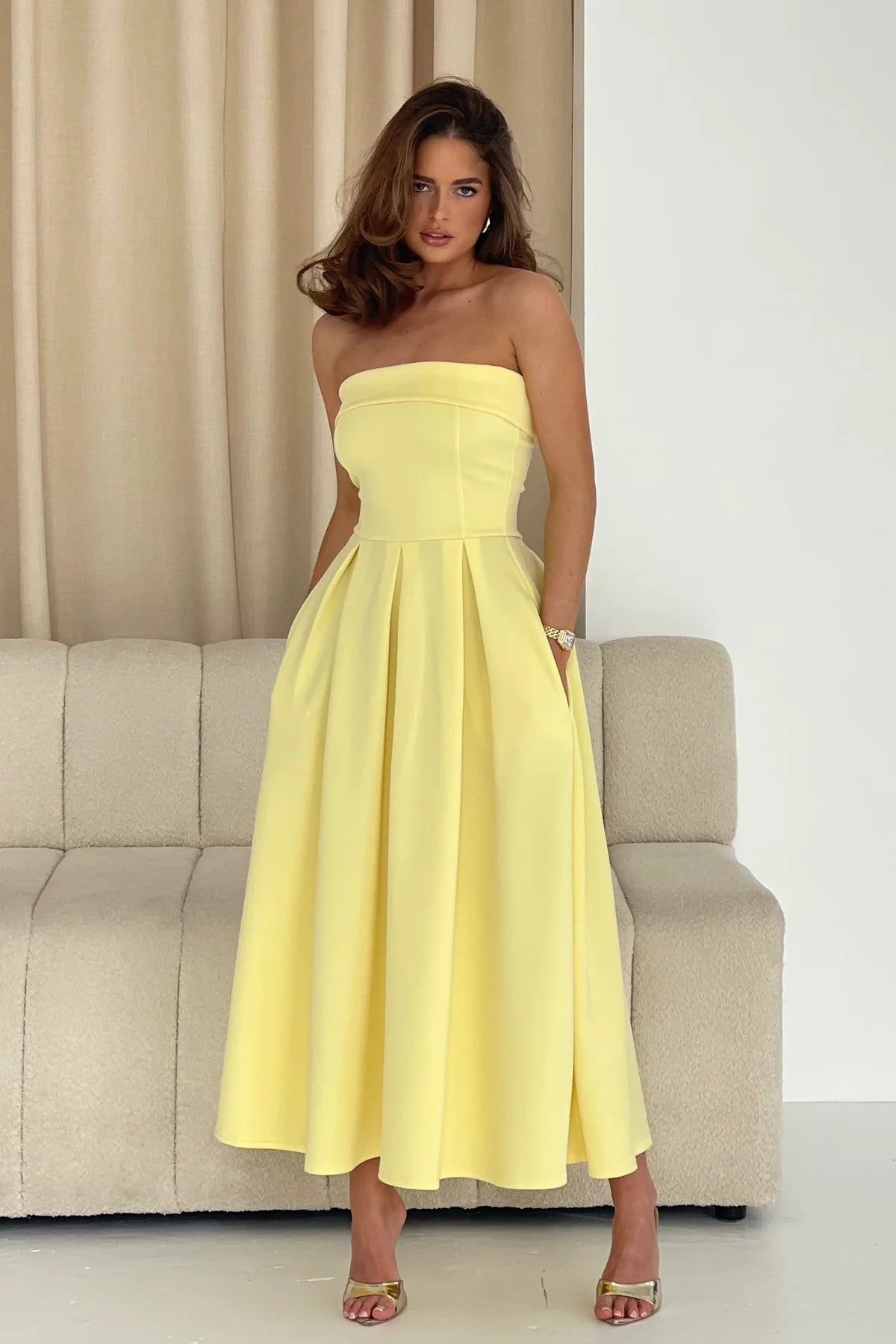 Danni Strapless Bandeau Midi Dress for Women - Yellow Flowy Summer Dress for Beach, Party & Vacation