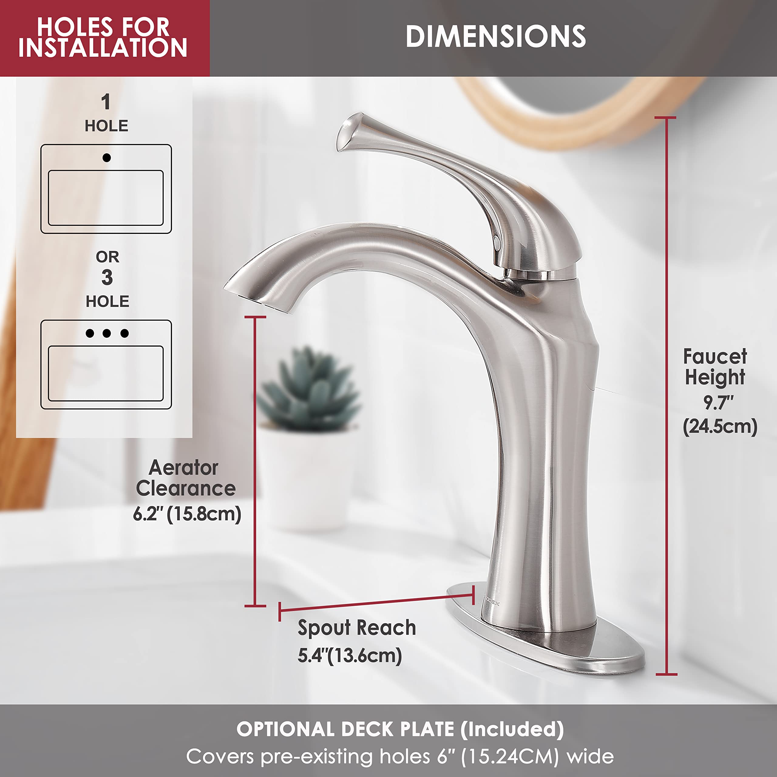 Modern Single Handle Bathroom Sink Faucet - Brushed Nickel 1 or 3 Hole Vanity Faucet with Pop-up Drain & Deck Plate - Easy Install Basin Faucet for Bathroom, Powder Room & Guest Bathroom