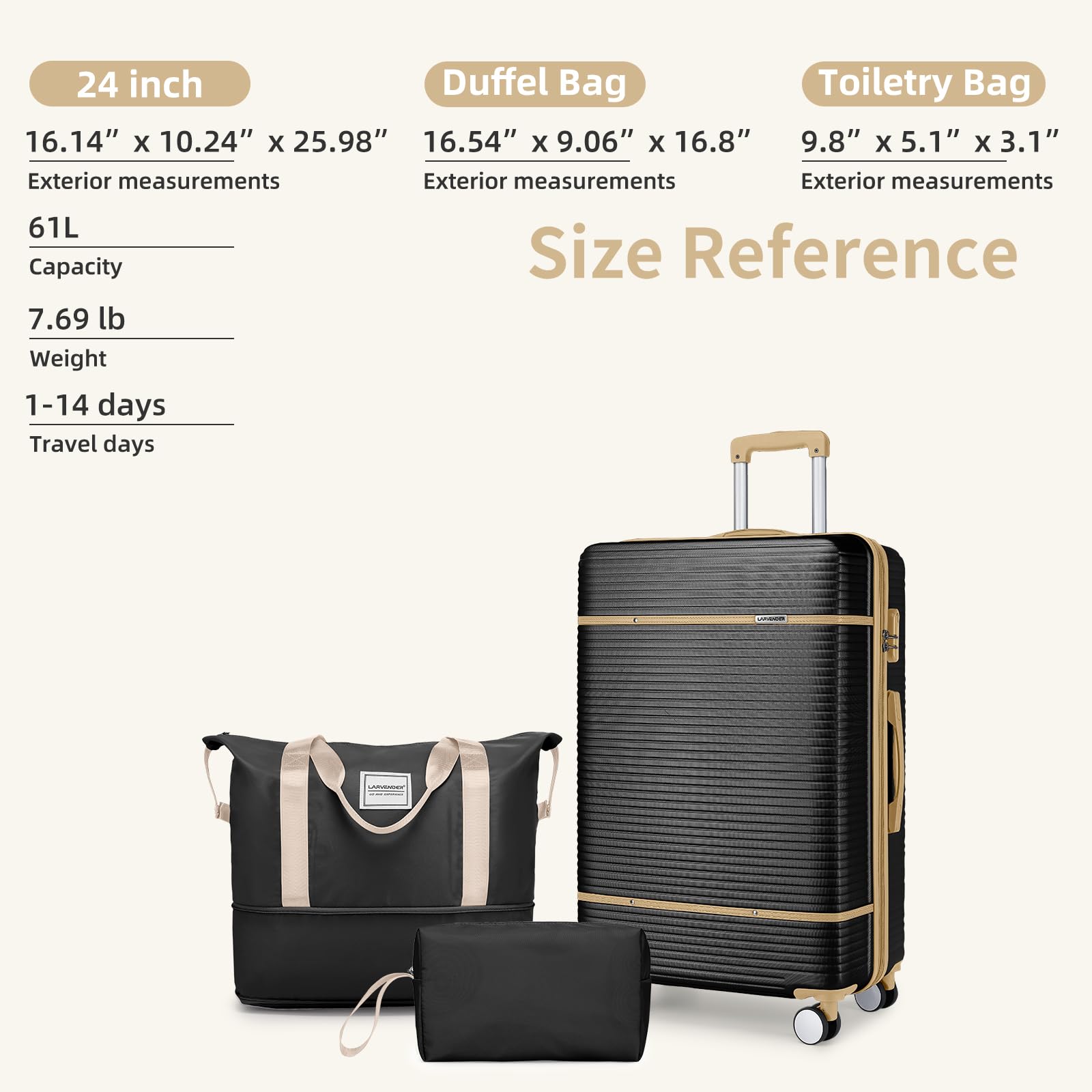 Lavender 3-Piece Luggage Set with Duffel Bag - Airline Approved Carry-On (9x14x23 Inches) & 360° Spinner Wheels - Hardside Suitcase for Men & Women (Black) - Perfect for Travel, Business Trips & Vacations