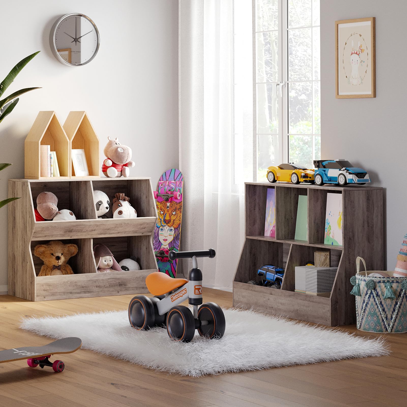 DINZI LVJ 5-Cubby Wooden Toy Storage Organizer & Kids Bookshelf - Greige, 35.4