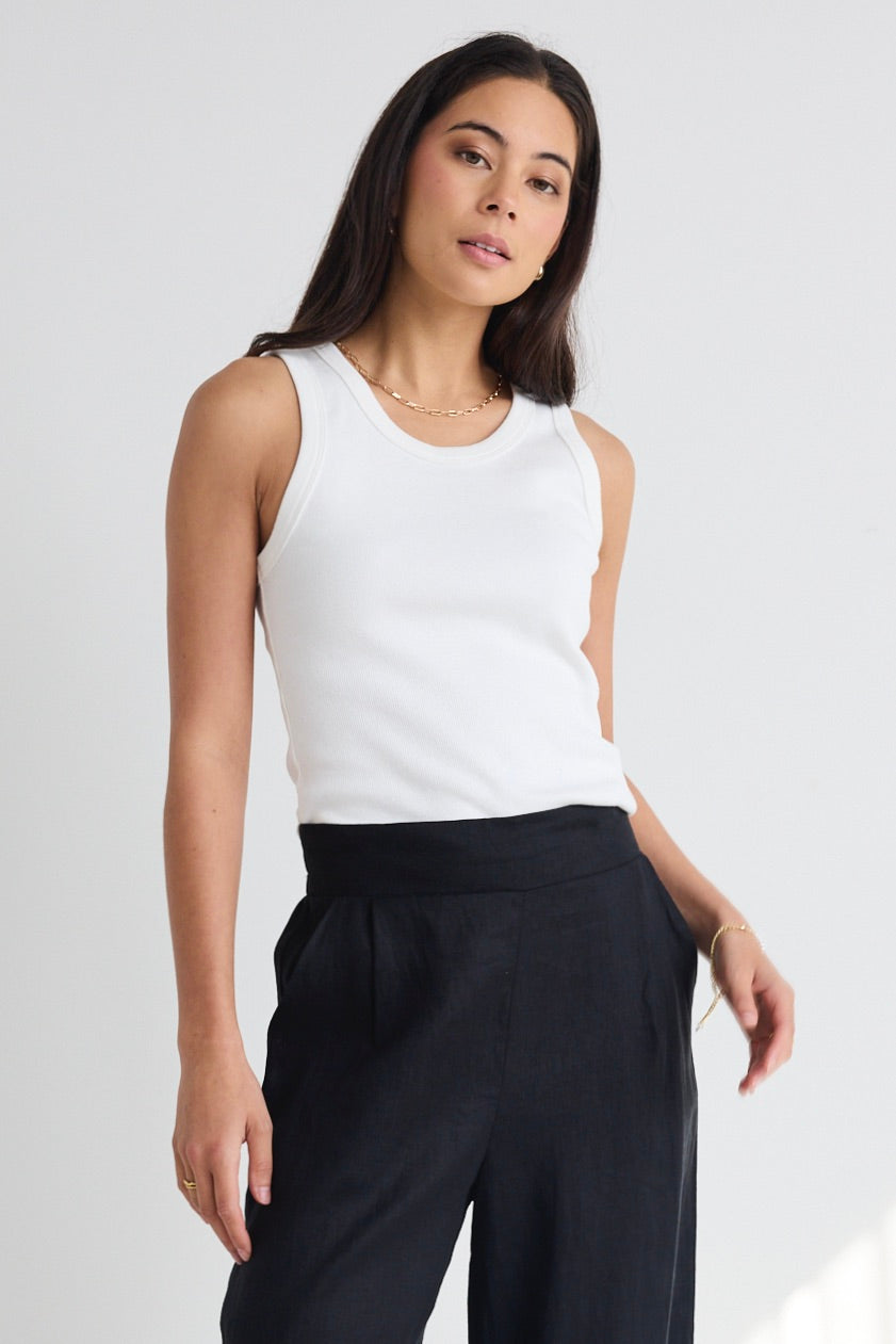 Cobble Ivory Rib Cutaway Tank Top for Women - Soft Breathable Summer Casual Wear - Perfect for Beach, Gym, and Everyday Outfits