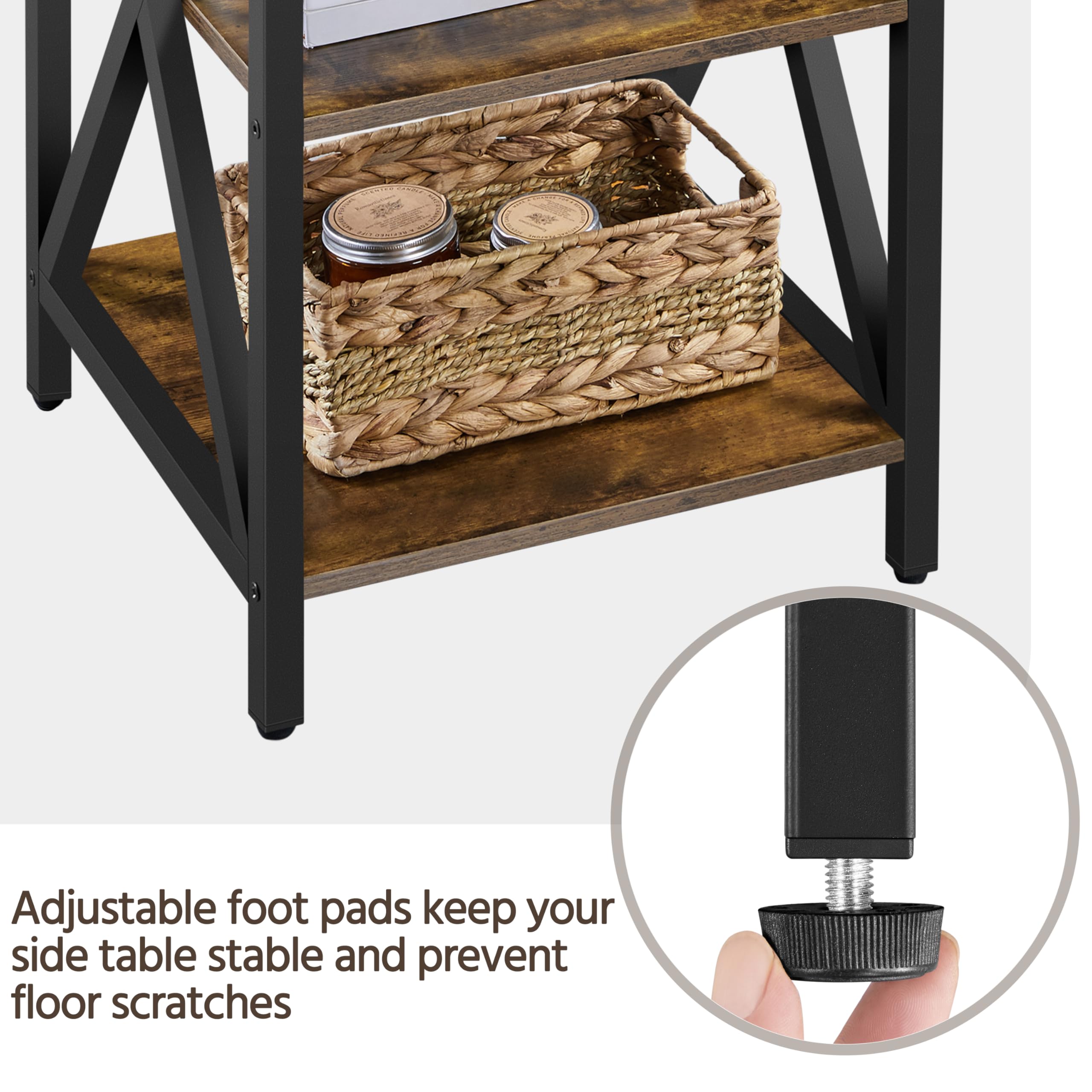 Yaheetech Industrial 3-Tier End Table with Storage Shelves - Sturdy Metal Frame Side Table for Living Room, Bedroom or Office - Easy Assembly Rustic Brown Home Decor Furniture