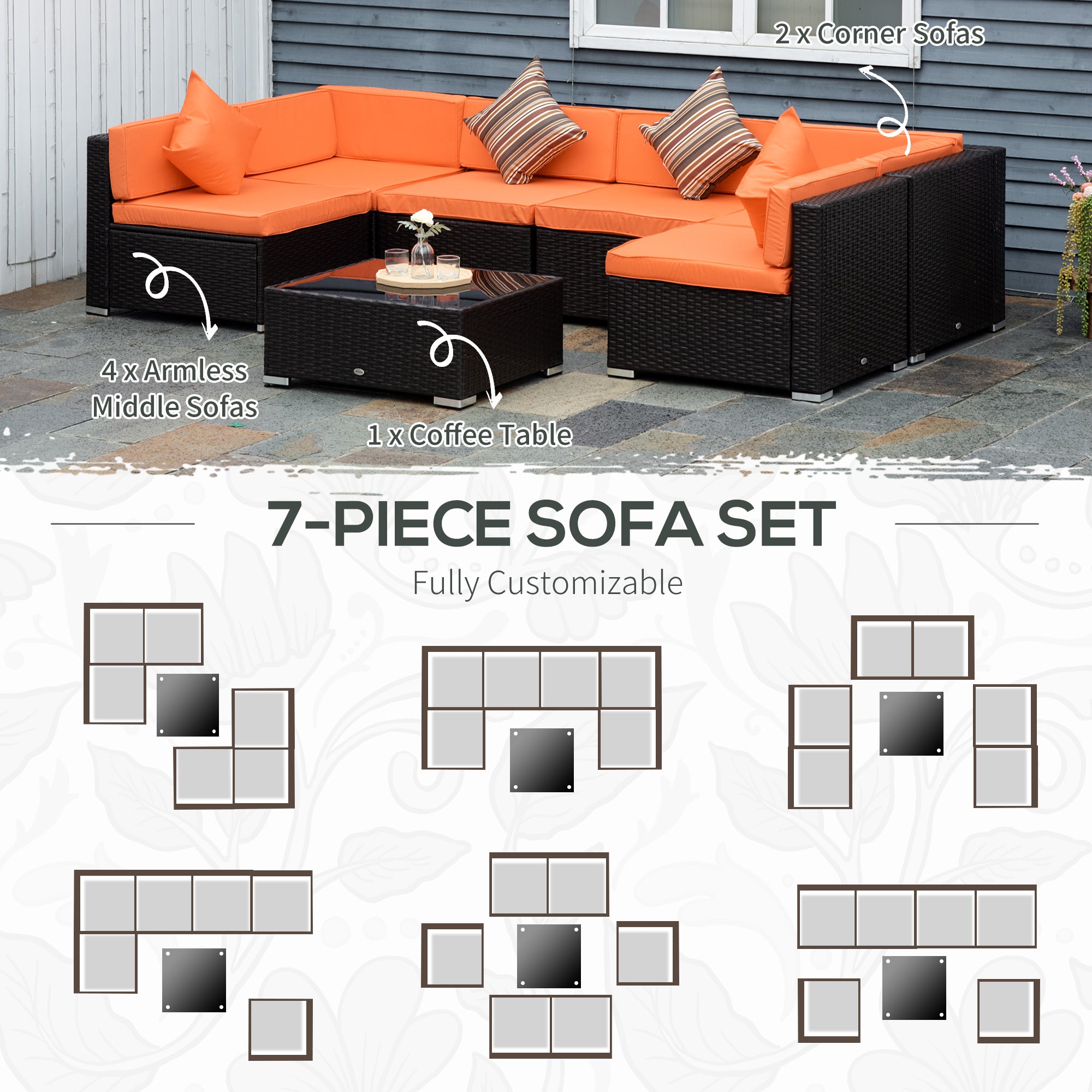 Outsunny 7-Piece Garden Wicker Sectional Patio Set with Coffee Table, Rattan Sofa & Cushions - Outdoor Lounge Furniture for Deck, Backyard, Poolside (Orange)