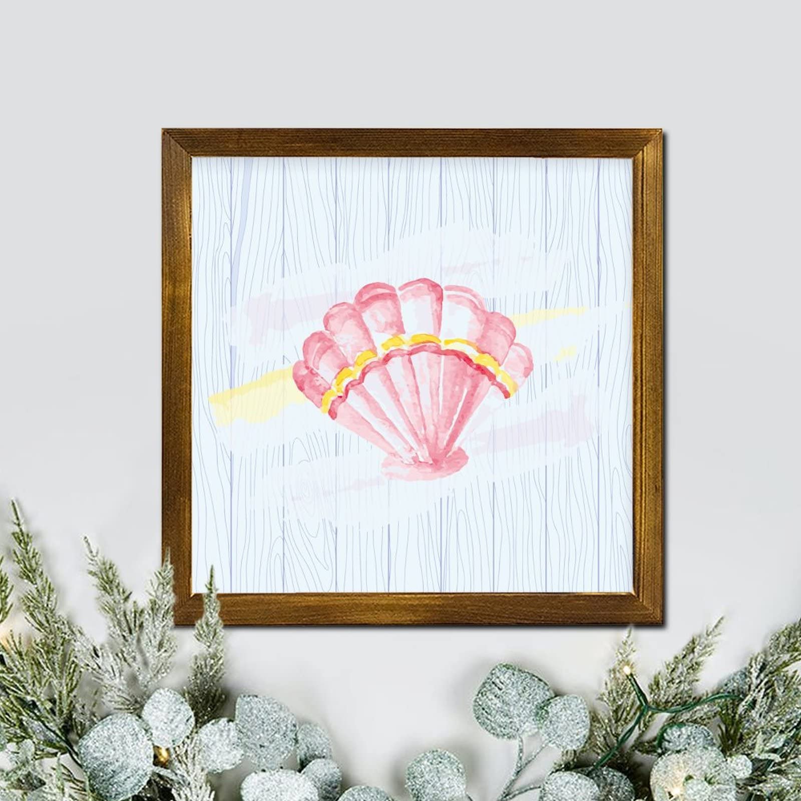 7x7in Framed Wooden Shell Wall Art - Colorful Coastal Decor for Bedroom, Living Room, Kitchen, Bathroom & Entryway - Easy to Hang Beach House Decor | Perfect for Beach-Themed Rooms, Vacation Homes & Coastal Interior Design