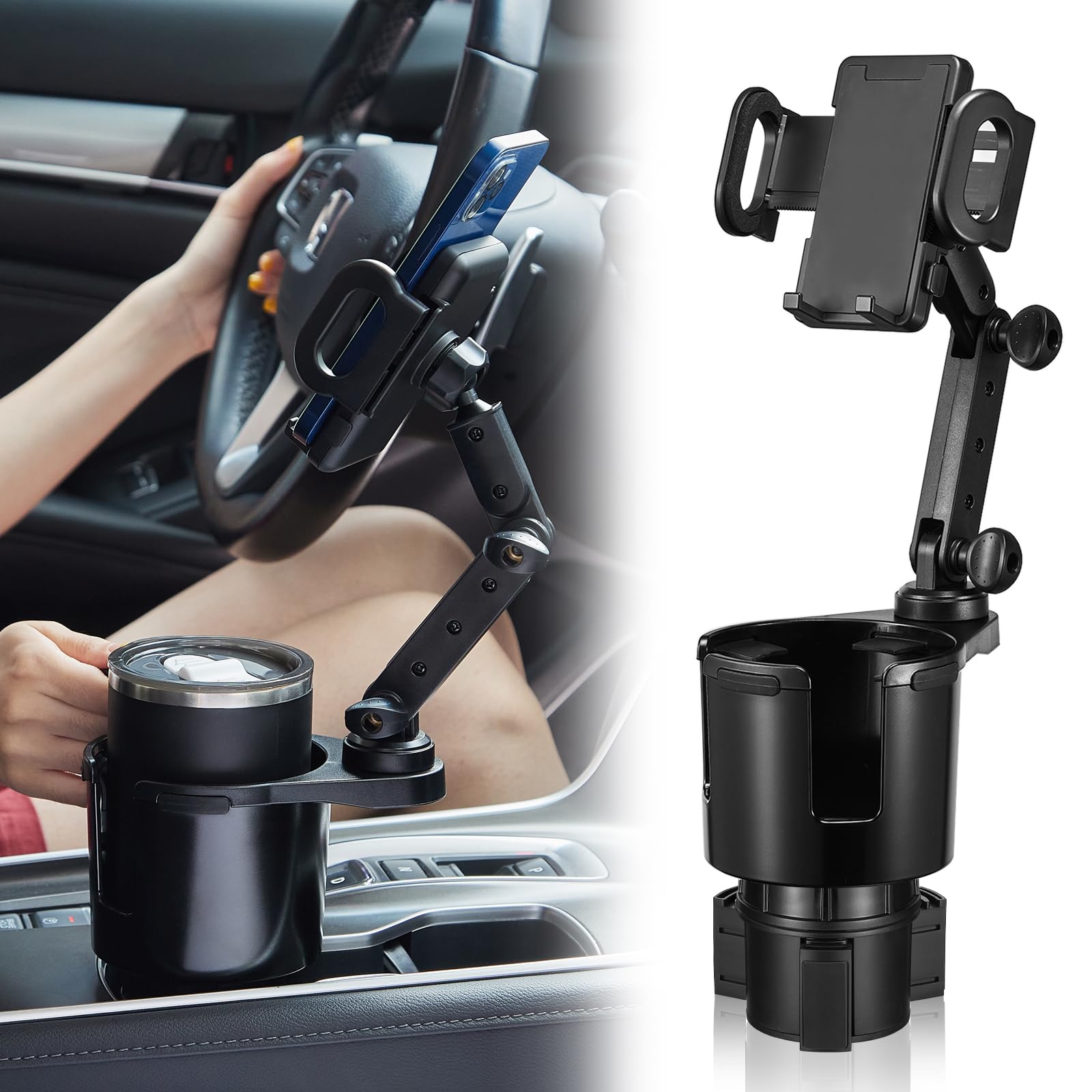 360° Rotating Cup Holder Phone Mount for Car - 2-in-1 Cup Expander & Long Arm Smartphone Holder - Universal Fit for All Phones - Perfect for Road Trips & Daily Commutes