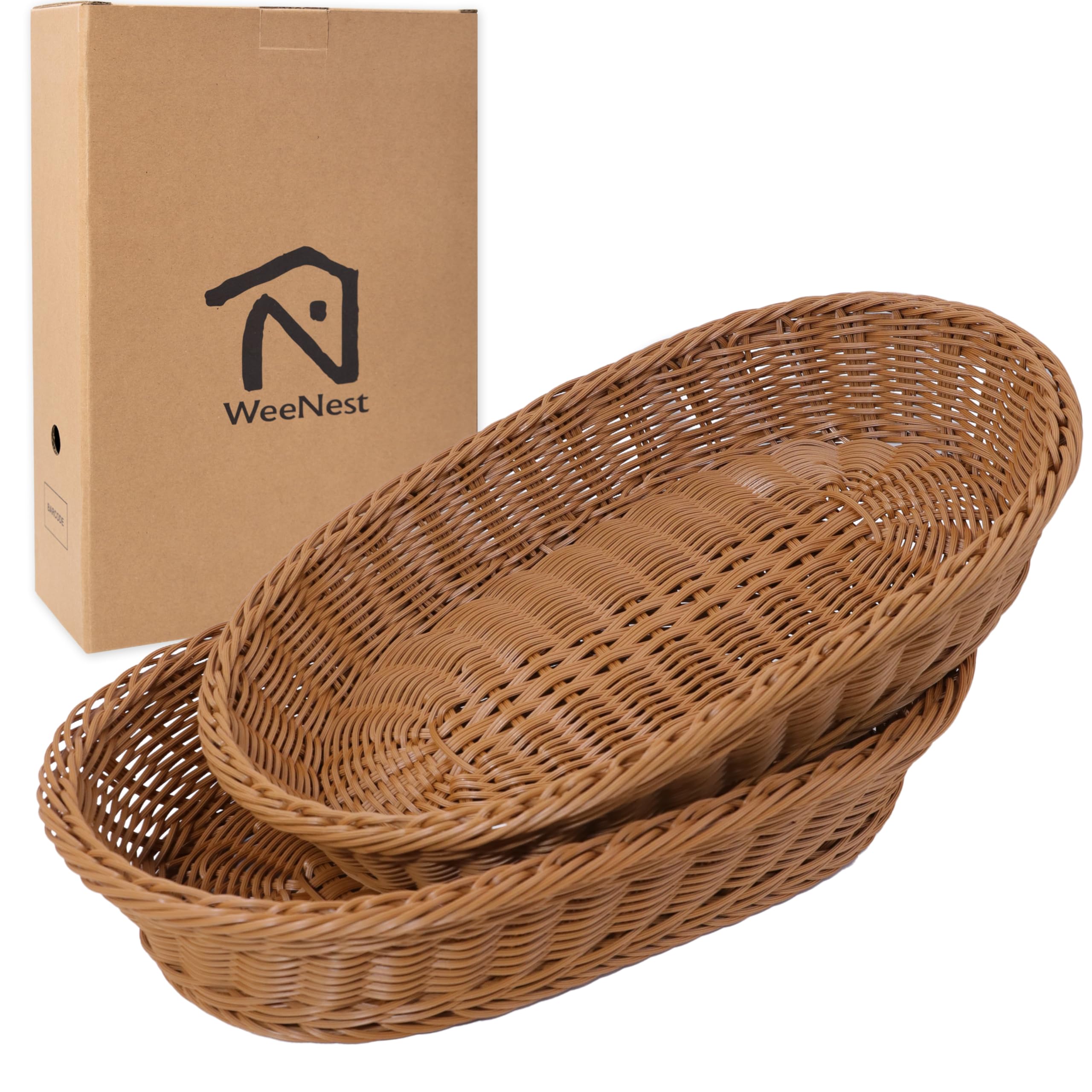 2-Pack Light Brown Oval Resin Wicker Bread Basket - Woven Serving Tray for Kitchen, Fruits, Bread & Food Display | Perfect for Dining Table Centerpiece, Picnics & Rustic Home Decor