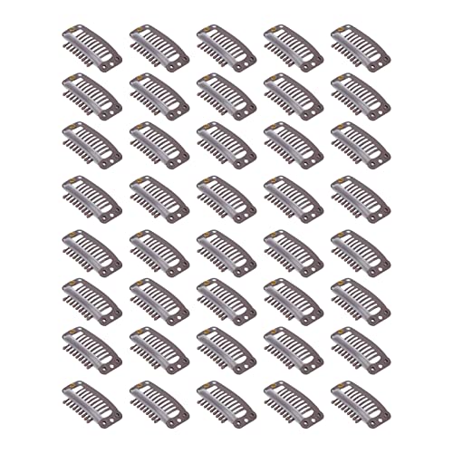 40pcs U Shape Metallic Snap Clips - Stainless Steel 9 Teeth Wig Clips for Hair Extensions & Hairpieces (32mm, Dark Brown) - Secure Hold for Cosplay, Daily Styling & Salon Use