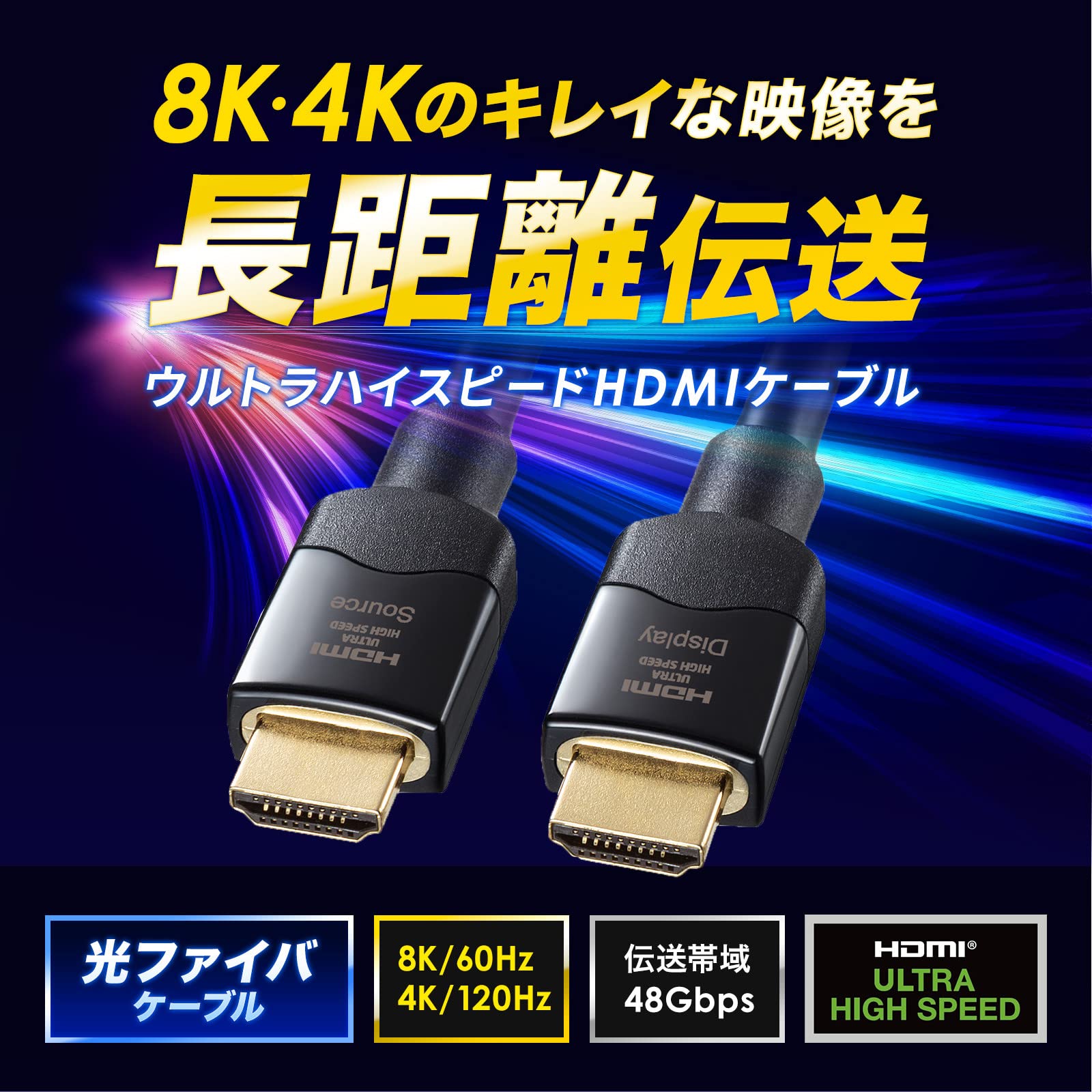 Sanwa Supply KM-HD20-UFB200 20m Fiber Optic HDMI Cable 4K 120Hz 8K 60Hz - Ultra High Speed for Home Theater, Gaming, and Professional AV Installations