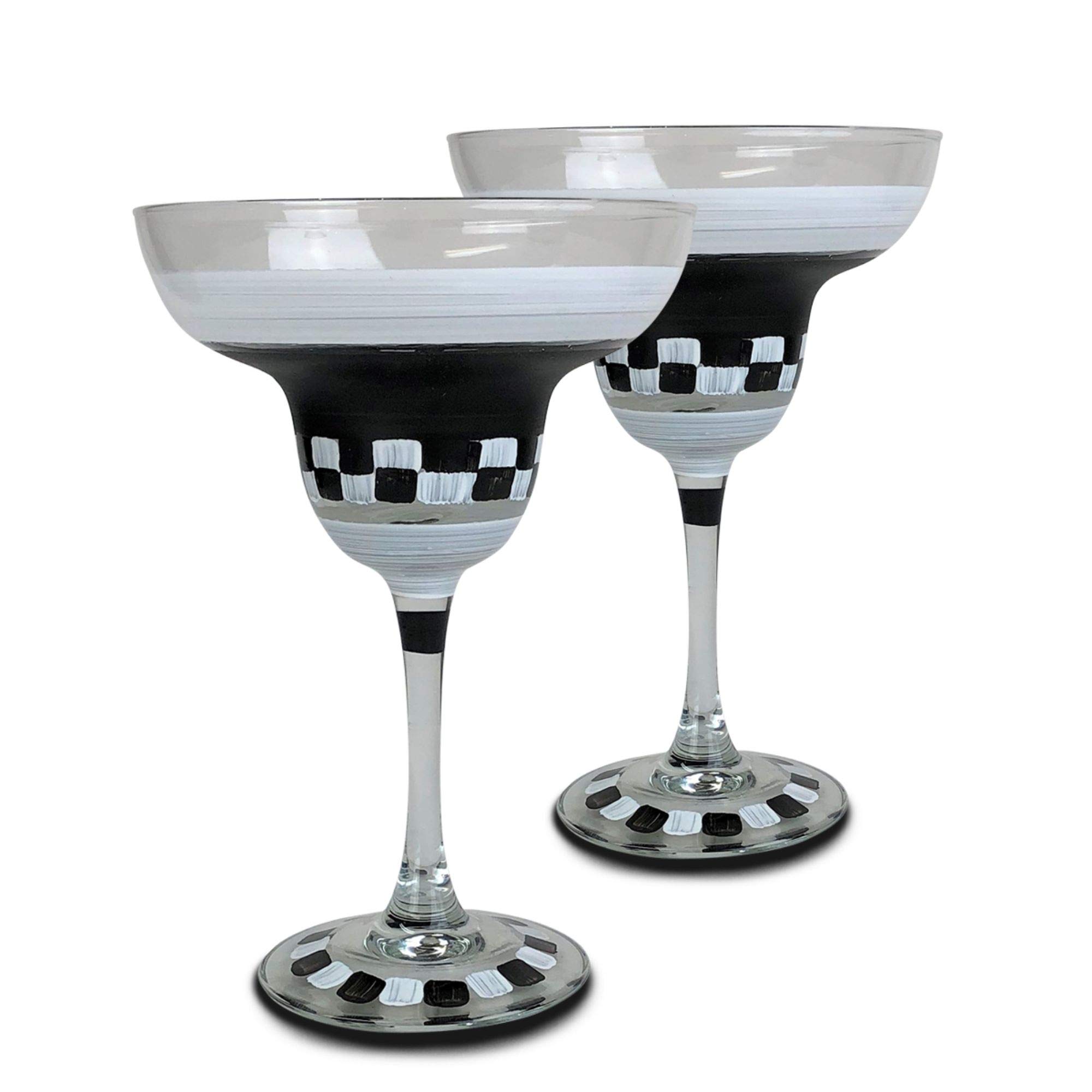 2-Pack Black and White Checkered Margarita Glasses - 6.75 Inch Cocktail Glasses for Margaritas, Mojitos & Party Drinks - Perfect for Cinco de Mayo, Summer BBQs & Themed Parties