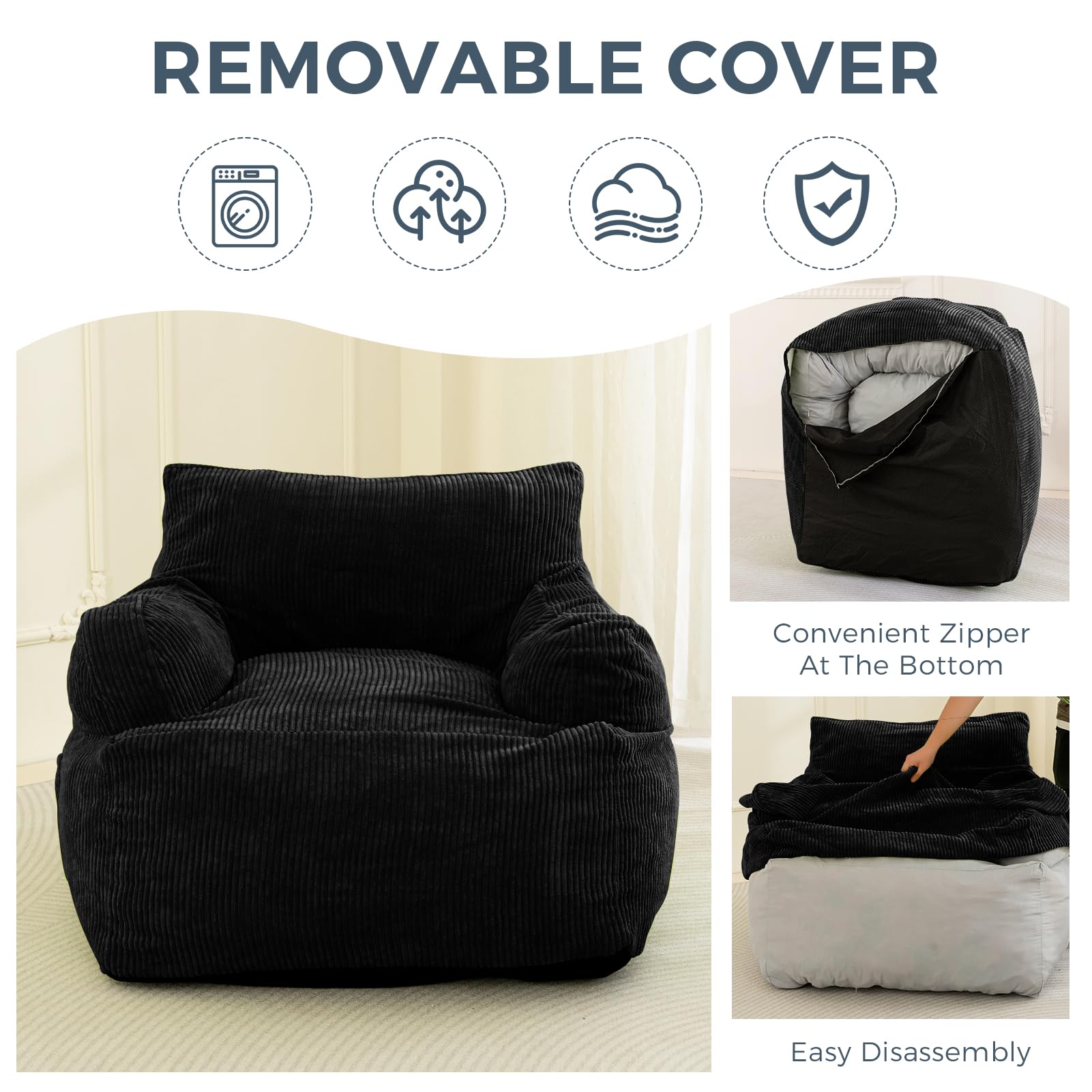 MAXYOYO Giant Bean Bag Chair - Oversized Stuffed Bean Bag Couch for Living Room, Bedroom & Game Room - Ultra Soft Black Lounge Chair for Adults & Teens - Perfect for Relaxing, Gaming & Movie Nights