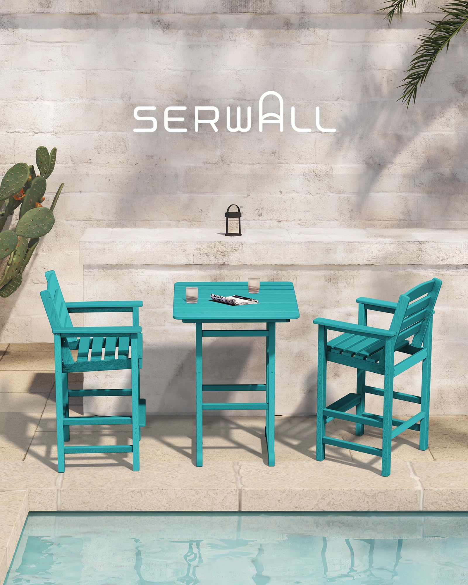 SERWALL 3-Piece Balcony Adirondack Chair and Table Set - 2 Bar Height Chairs & Bar Table, Outdoor Bistro Stools for Poolside, Backyard, Patio, Garden - Durable Weather-Resistant Furniture for Relaxing & Entertaining