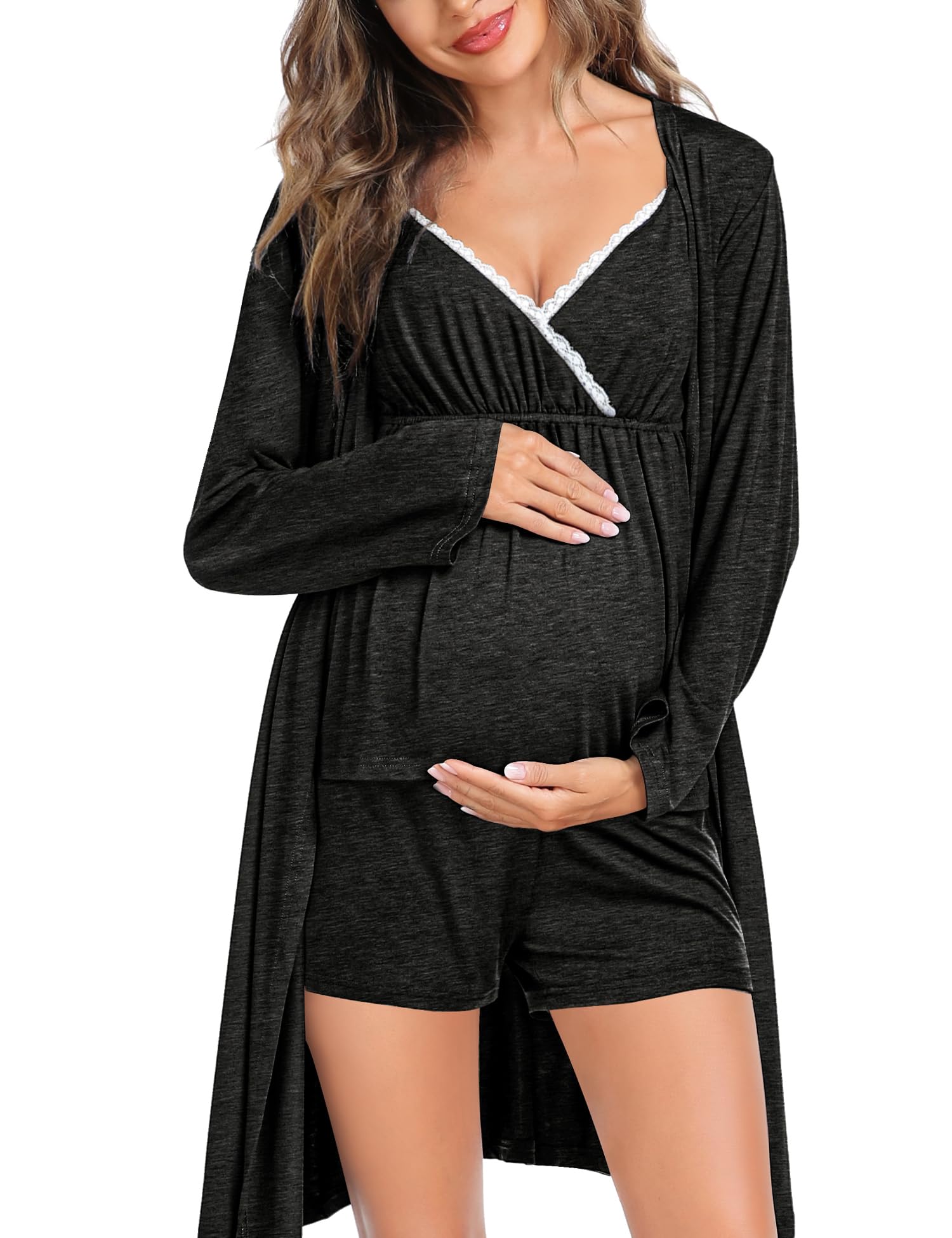SWOMOG 3-Piece Maternity Robe & Nursing Pajama Set - Soft Breastfeeding Pjs for Labor, Delivery & Hospital Stay | Comfortable Pregnancy Sleepwear for New Moms (Perfect for Postpartum Recovery & Nighttime Nursing)