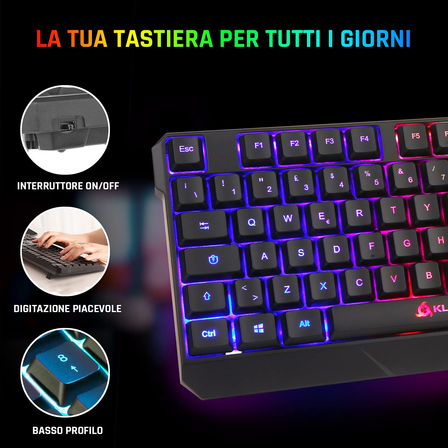 KLIM Chroma Italian USB Gaming Keyboard - RGB Backlit Mechanical Keyboard for PC, PS4, PS5, Windows & Mac - Black | Perfect for Gaming, Streaming & Office Work
