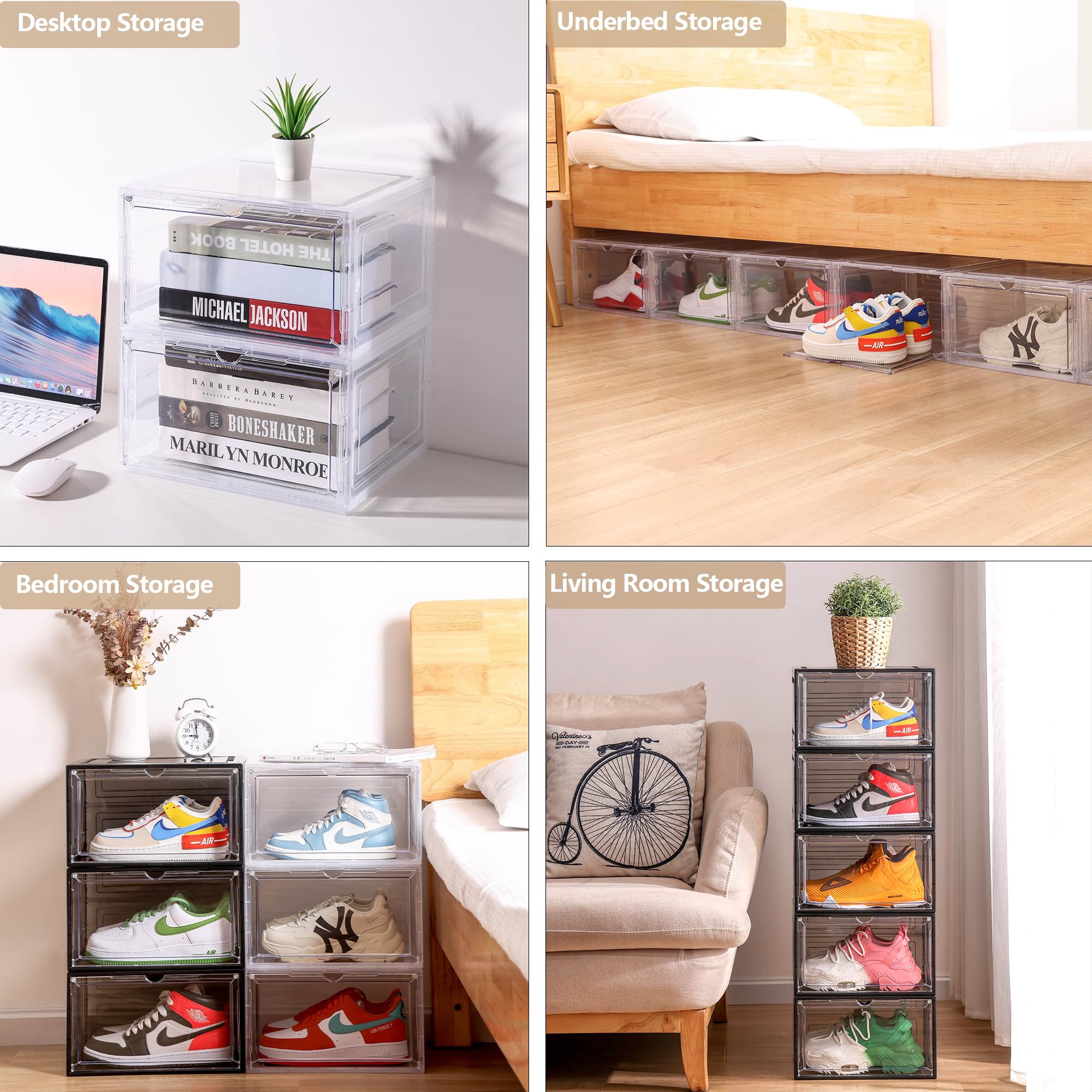 Clear Plastic Stackable Shoe Storage Box Organizer - 6 Pack with Magnetic Door for Sneaker Display | Easy Assembly, White | Perfect for Closet, Bedroom & Sneaker Collection Organization
