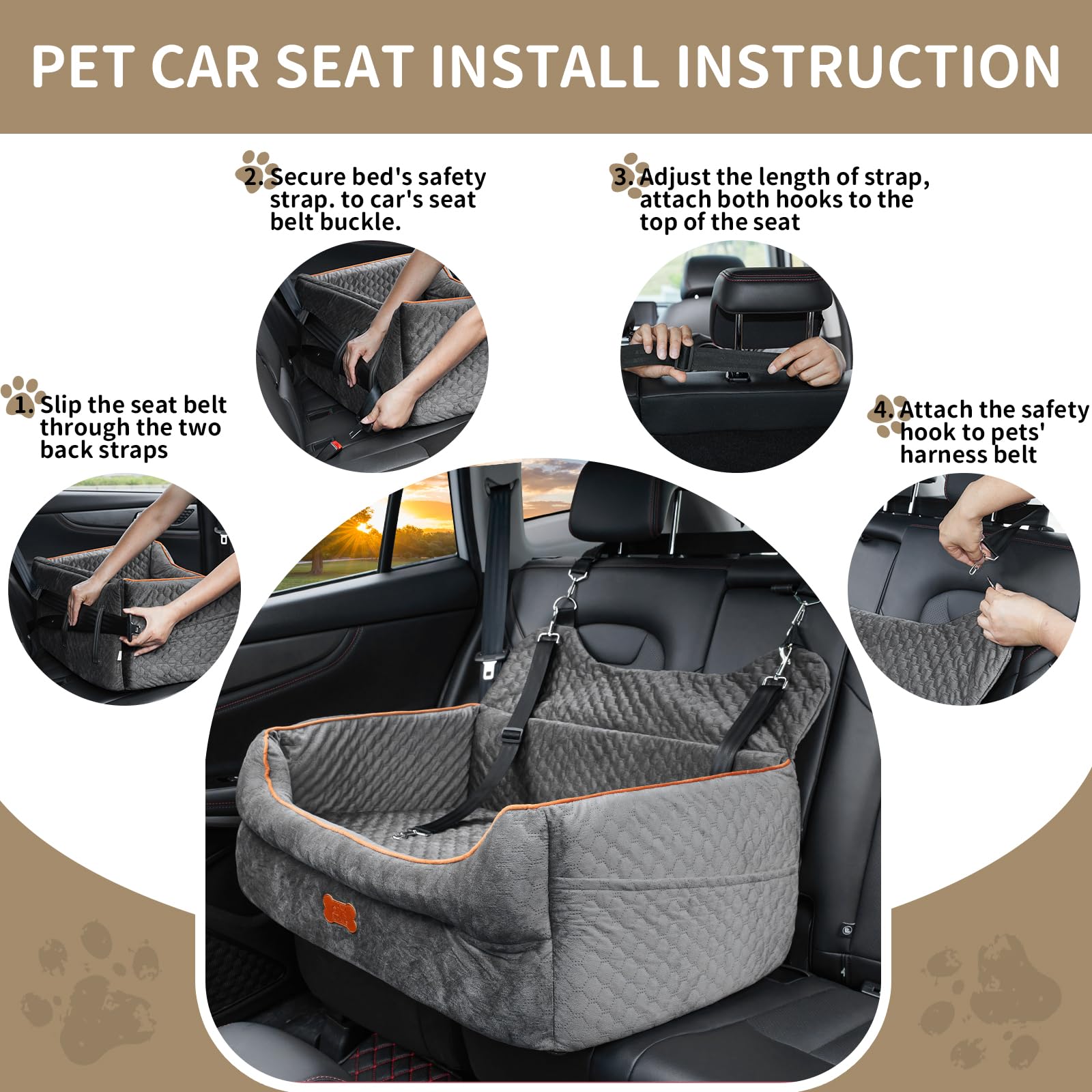 Premium Memory Foam Dog Car Booster Seat for Large & Medium Dogs (Up to 55Lbs) - Detachable Washable Travel Bed with Thick Cushion & Storage Pockets - Grey - Perfect for Road Trips, Vet Visits & Daily Commutes with Your Pet