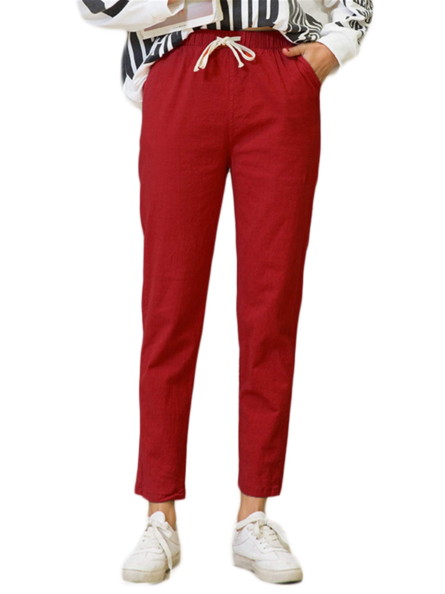 Andongnywell Women's Cotton Linen Pants - Comfortable Drawstring Straight Leg Trousers with Stretch, Breathable Wide Leg Casual Pants for Summer, Travel & Lounge Wear