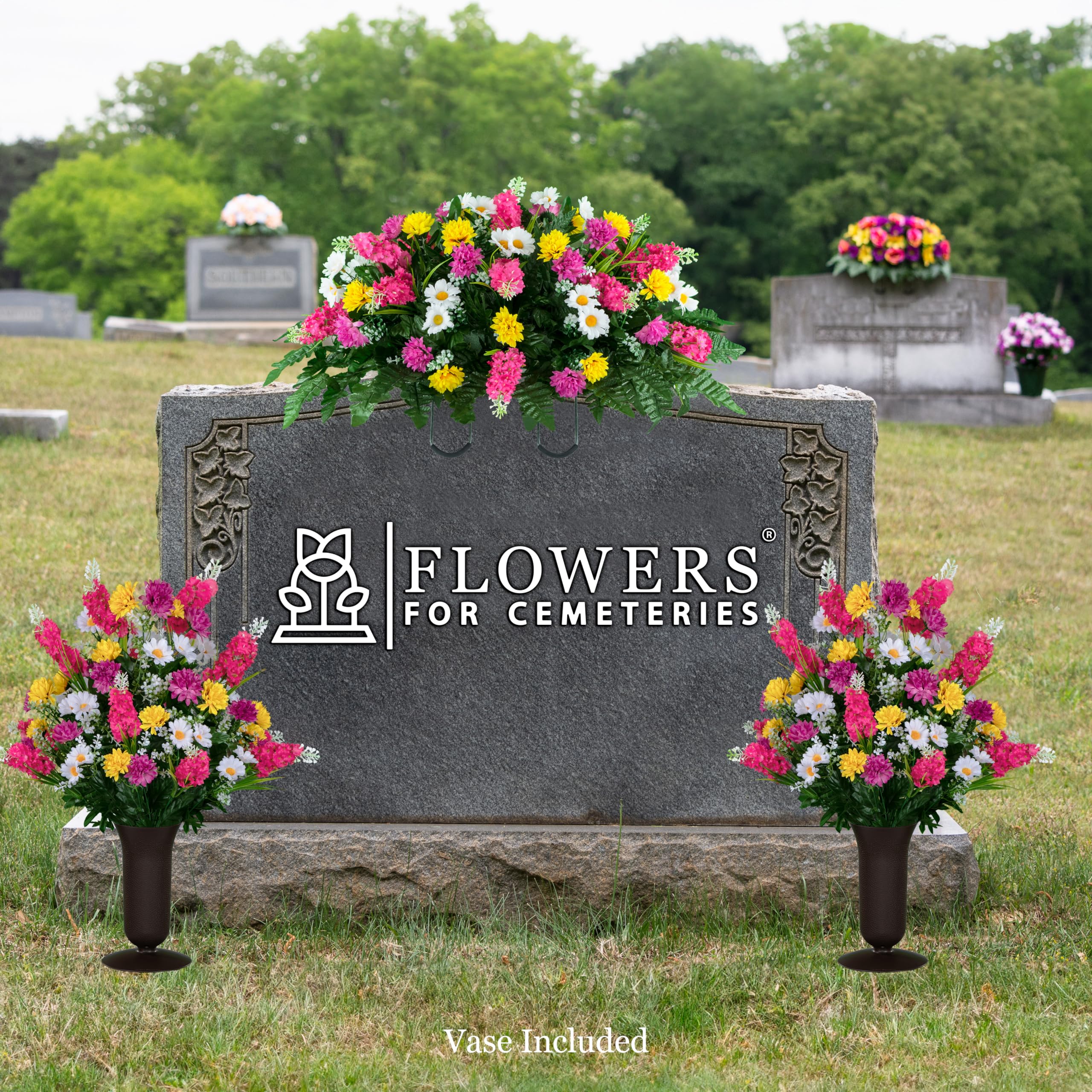 Sympathy Silks Artificial Cemetery Grave Decorations - 2 Pink Yellow Wildflower Bouquets, 1 Matching Saddle, and 2 Vases Included | Memorial Flowers for Graveside, Headstone Decor, Funeral Arrangements & Cemetery Visits