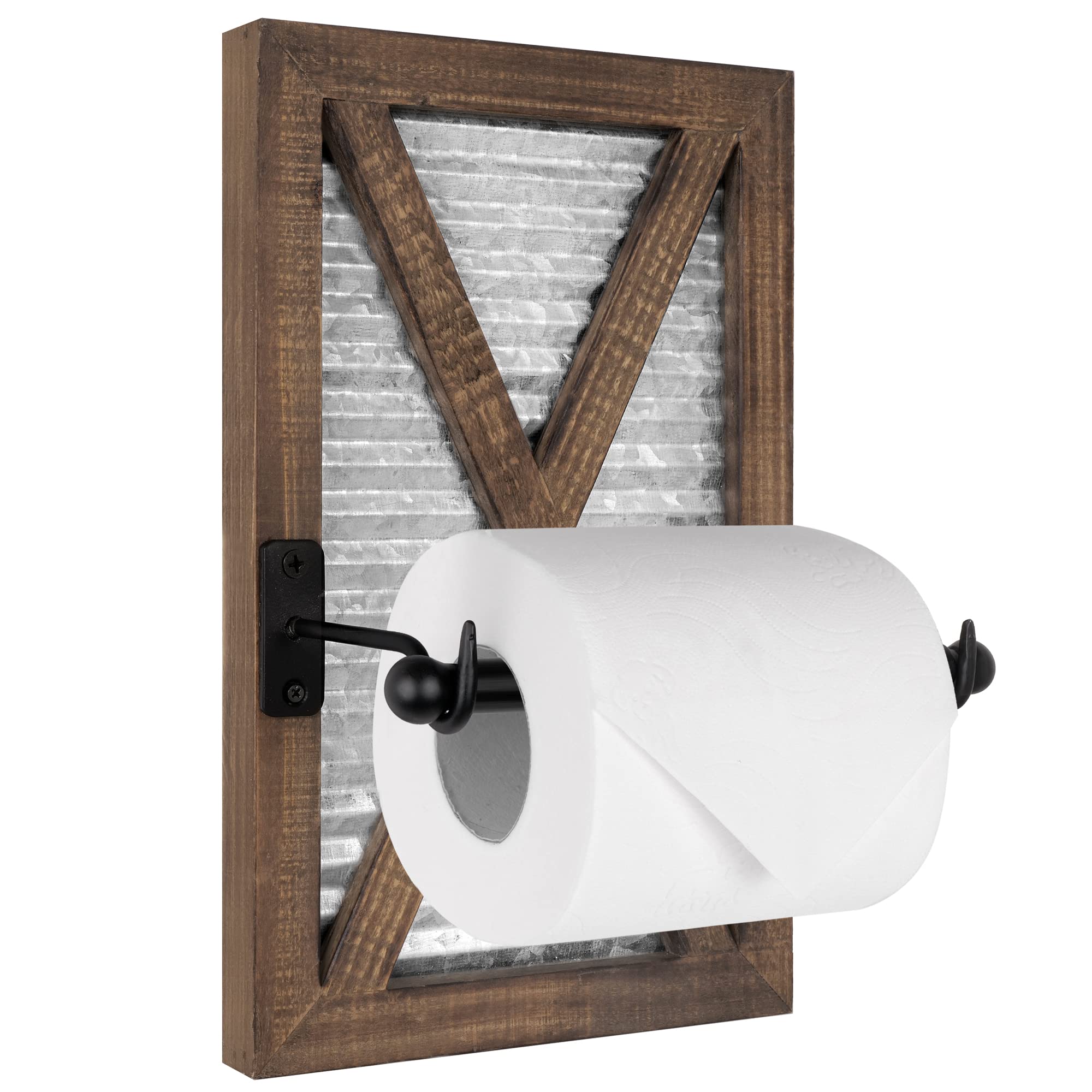 Rustic Farmhouse Toilet Paper Holder - Warm Brown Wood & Galvanized Metal Bathroom Accessory - Country Style Decor for Cozy Farmhouse, Cottage, or Vintage Bathroom - Perfect for Rustic, Industrial, or Shabby Chic Home Decor