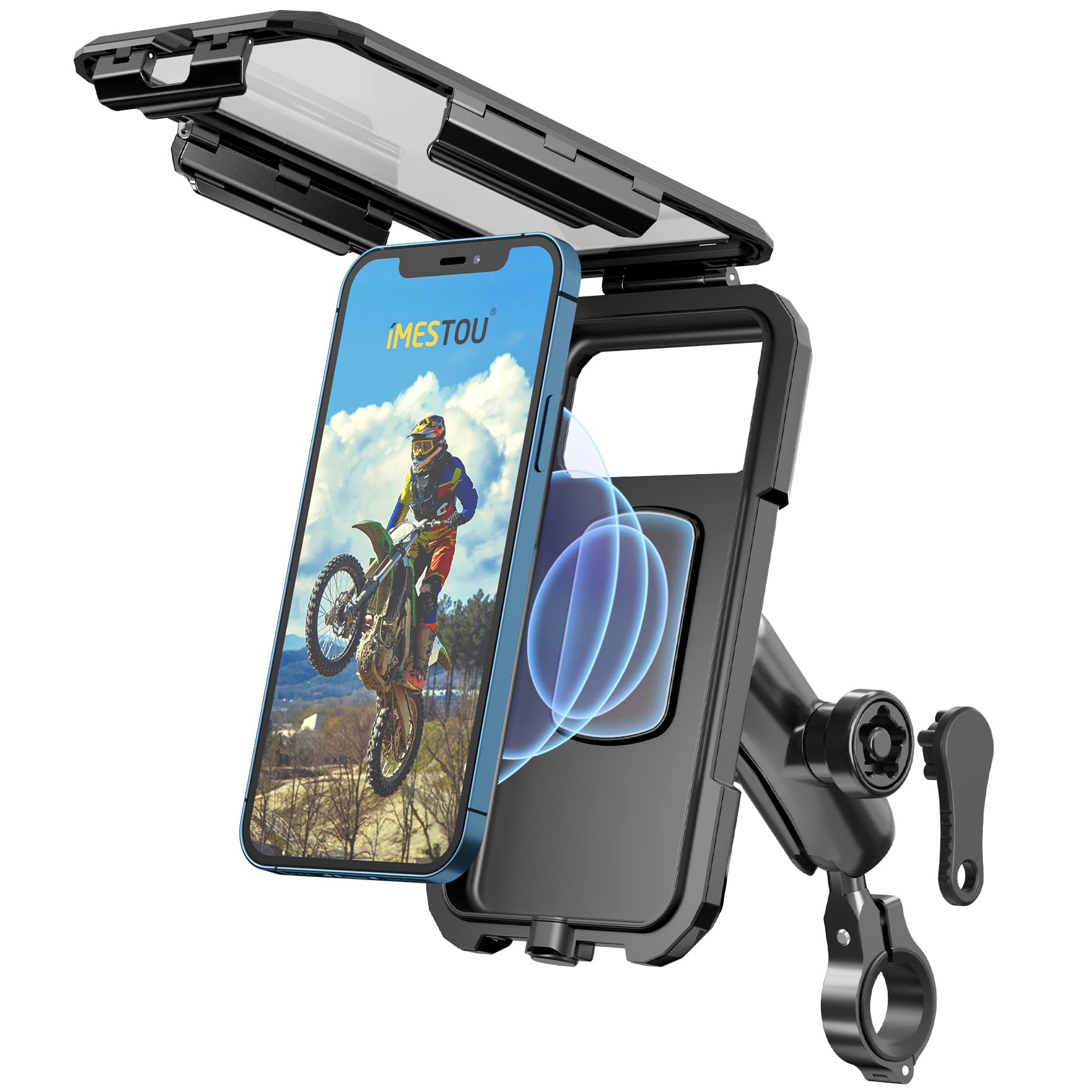 iMESTOU Waterproof Motorcycle Phone Mount - IP67 Rated with Wireless Qi & USB C 3.0 Fast Charger, Anti-Theft Handlebar 1