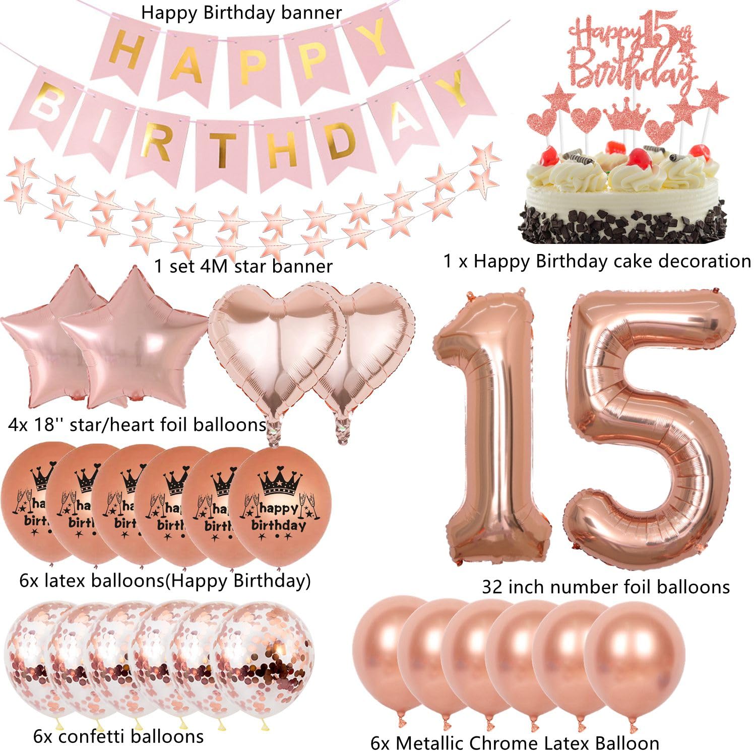 15th Birthday Rose Gold Balloons for Girls - Elegant Party Decorations for Sweet 16, 18th Birthday & Anniversary Celebrations | Perfect for Birthday Parties, Baby Showers & Special Events