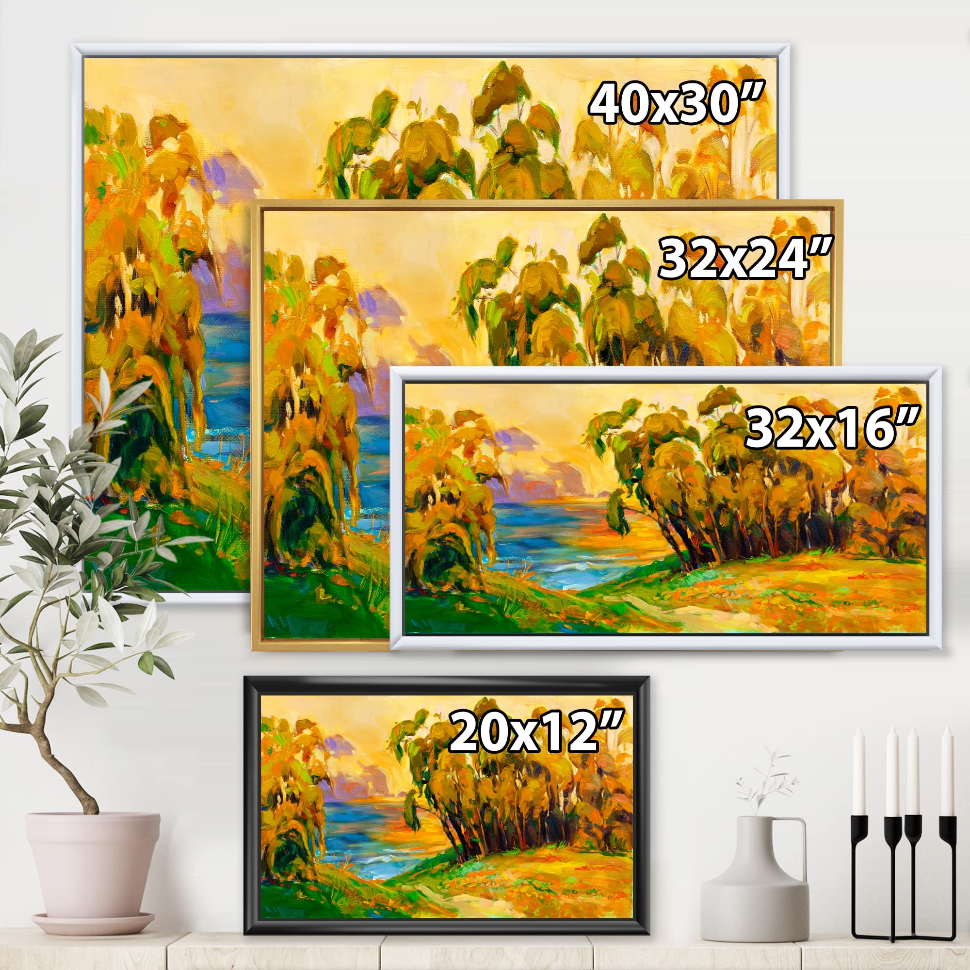 Traditional Framed Canvas Wall Art Print - Green Trees Riverside Evening Glow Landscape Painting - Perfect for Living Room, Bedroom & Office Decor