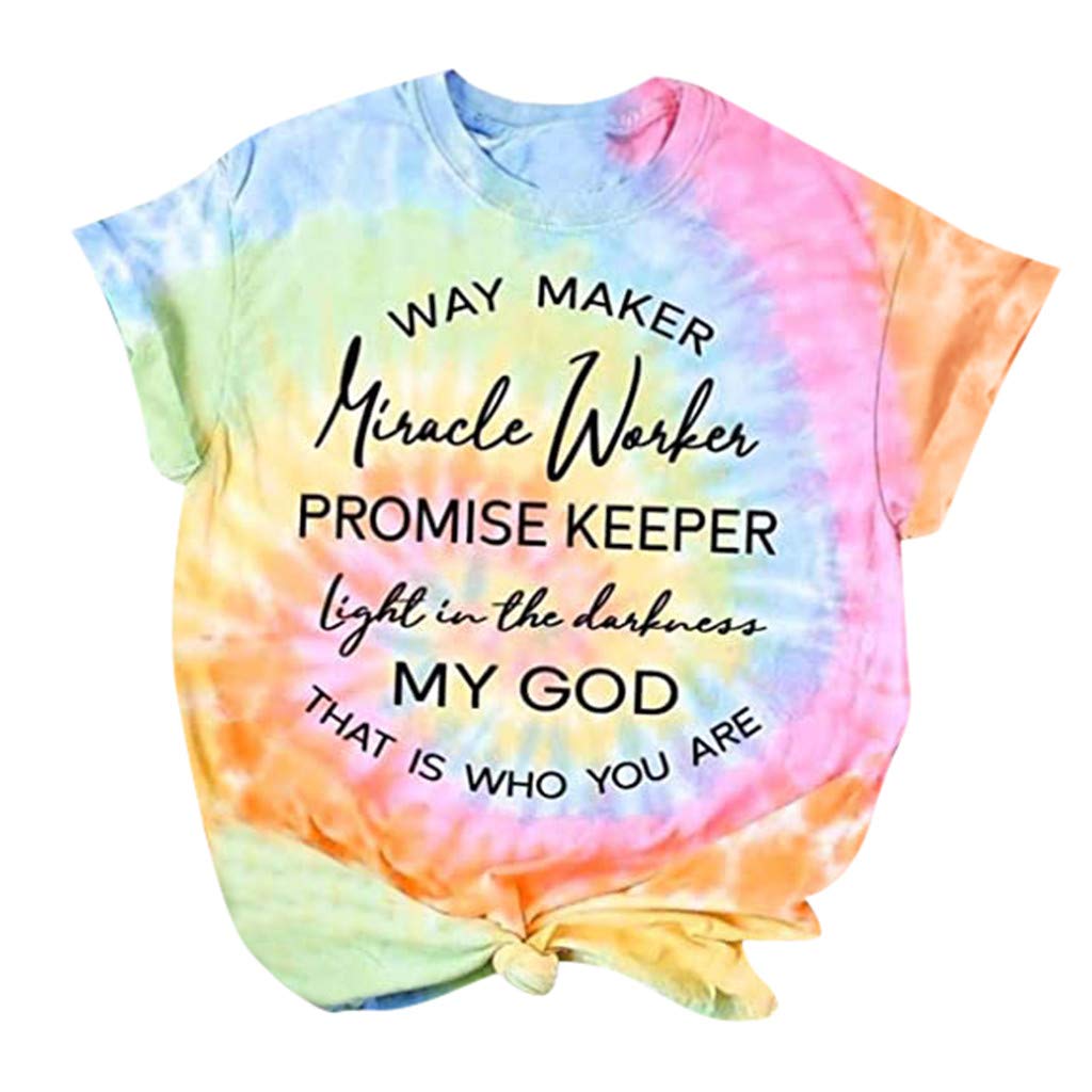 Women's Tie-Dye Printed Letter Graphic T-Shirt - Cute Summer Blouse with Fun Neck Design (Pink, Large) | Casual Wear, Beach Outfits, Street Style Fashion