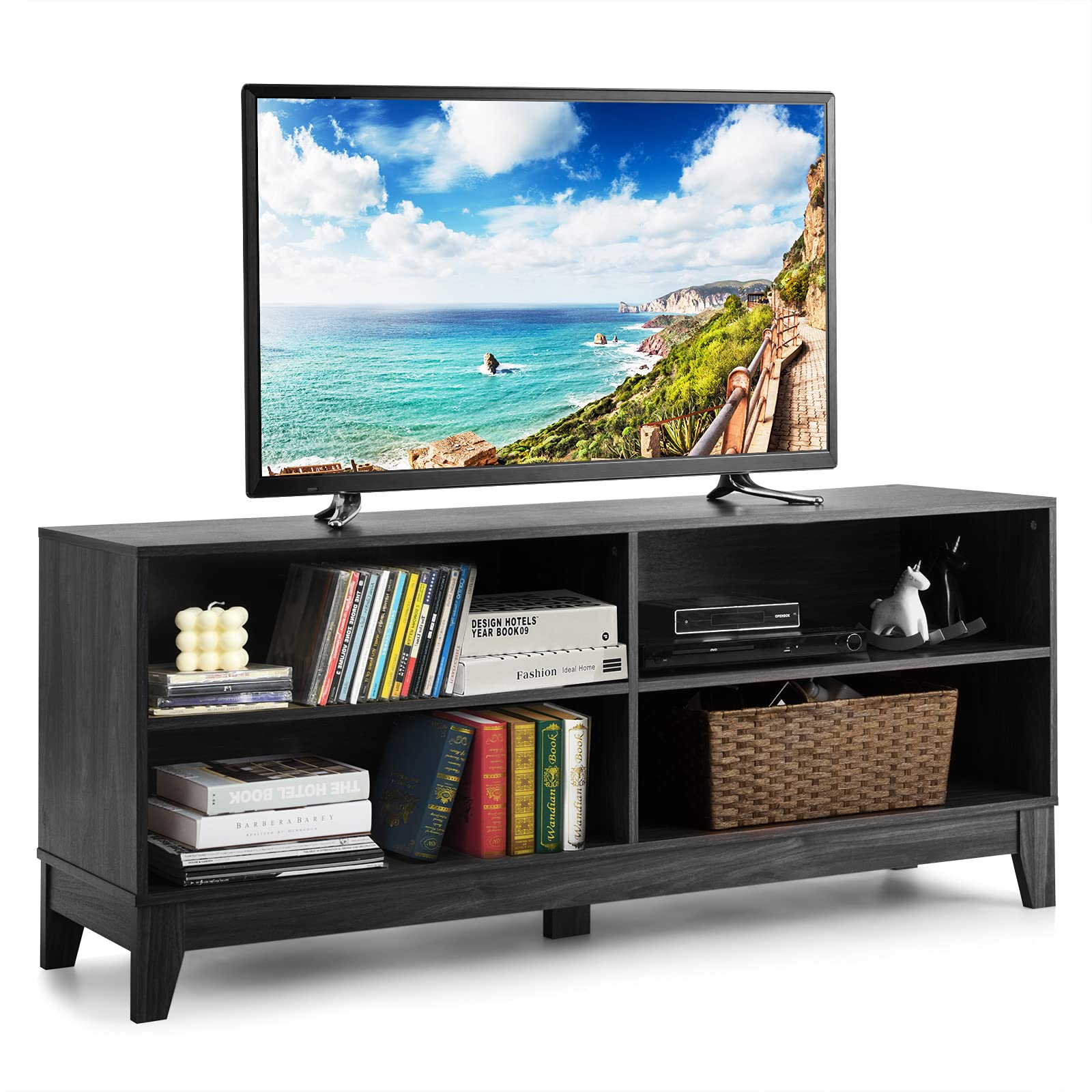 Tangkula 55-65 Inch Wood TV Stand with 4 Open Shelves - Black Entertainment Center for Flat Screen TVs, Living Room Storage Console Table - Perfect for Home Theater & Media Organization