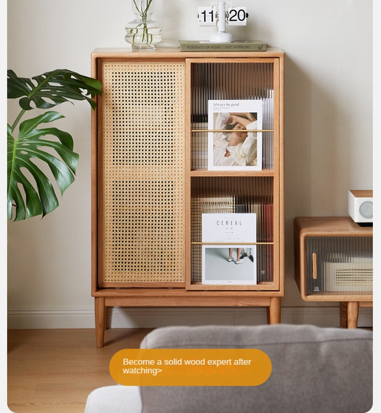 Solid Oak Wood Sliding Door Storage Cabinet with LED Lights - Modern Sideboard for Living Room, Bedroom & Entryway Organization