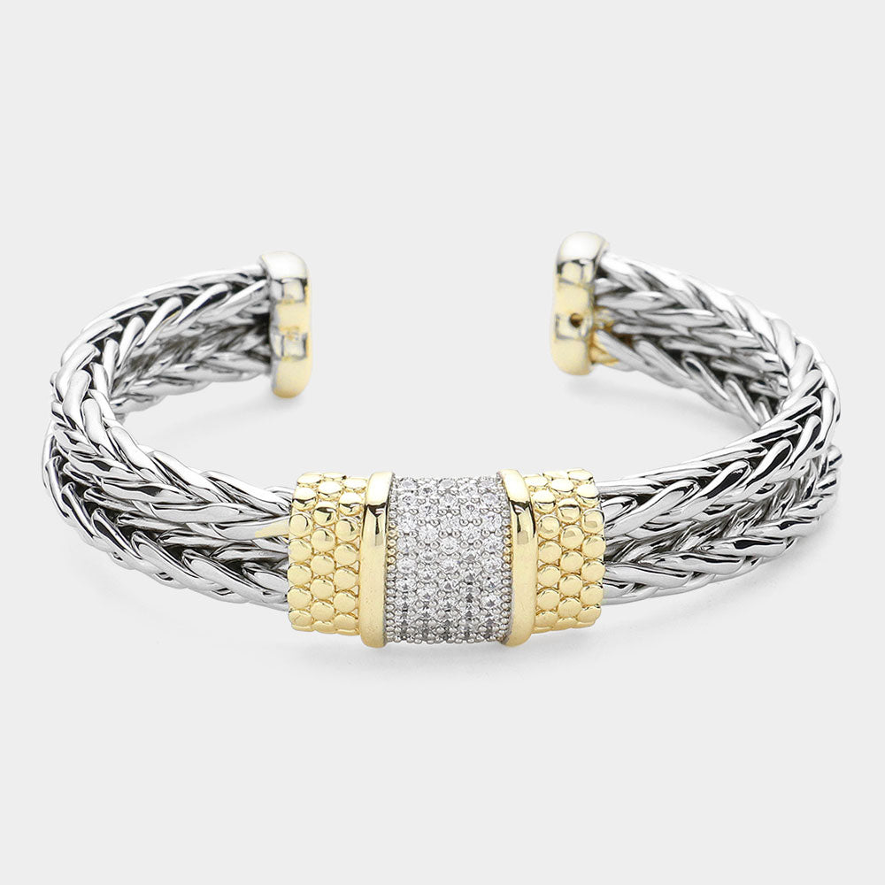 14K Gold Plated Two Tone CZ Braided Cuff Bracelet for Women - Elegant Stackable Bangle for Party, Wedding & Everyday Wear