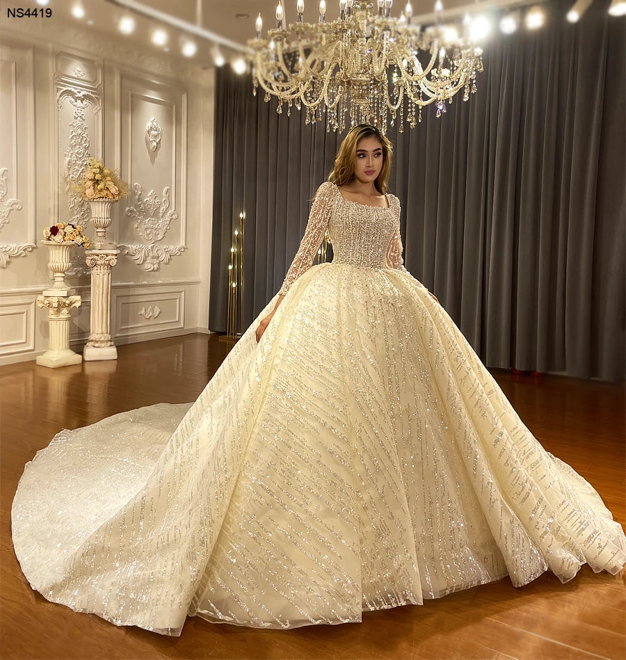 Elegant Square Neck Long Sleeve Fluffy Ball Gown Wedding Dress for Bride - Perfect for Church Ceremony, Formal Reception & Romantic Photoshoot