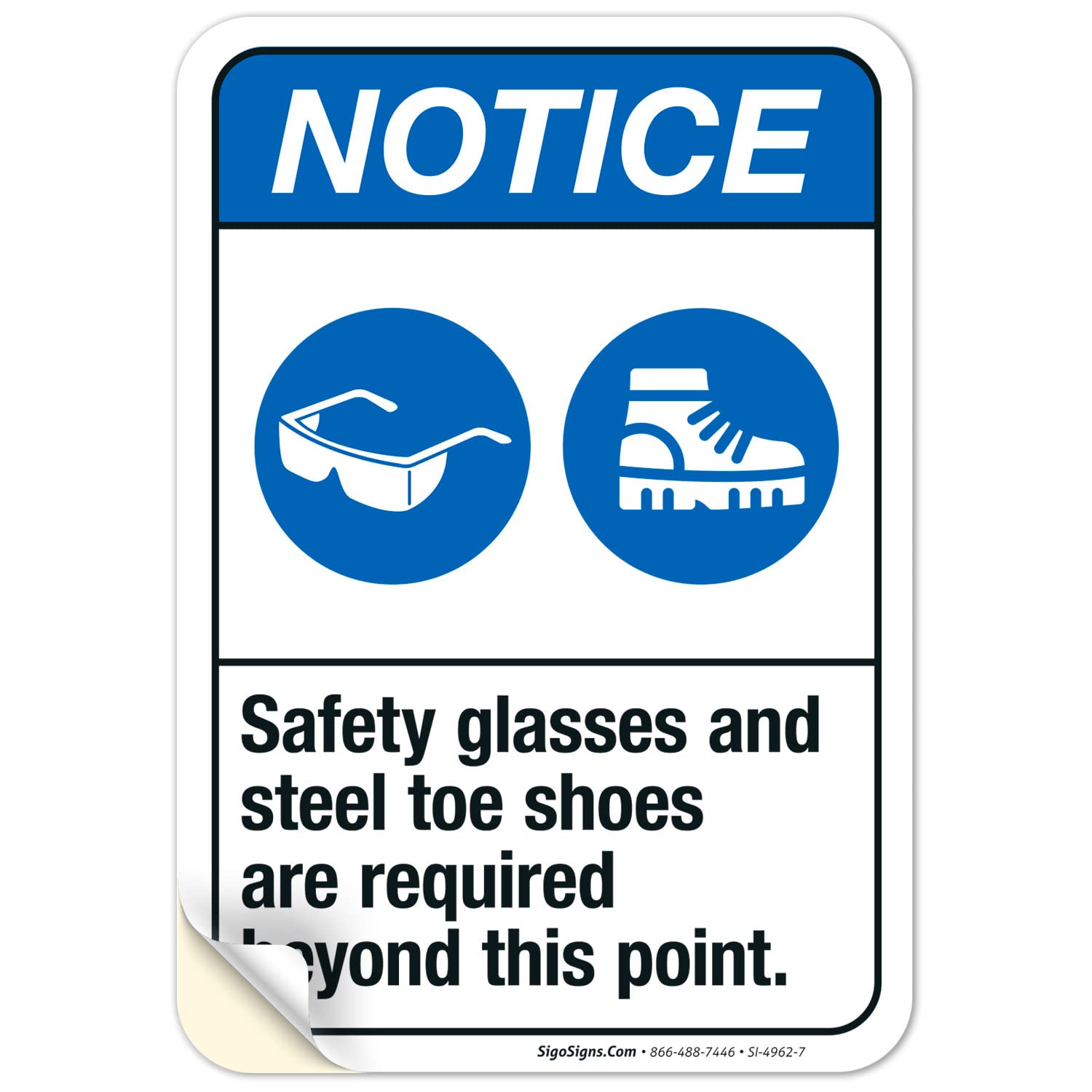 ANSI Safety Sign - 'Safety Glasses & Steel Toe Shoes Required Beyond This Point' - 10x7 Inch Vinyl Decal Sticker - Weatherproof & UV Resistant - Made in USA - Perfect for Construction Sites, Warehouses & Industrial Areas
