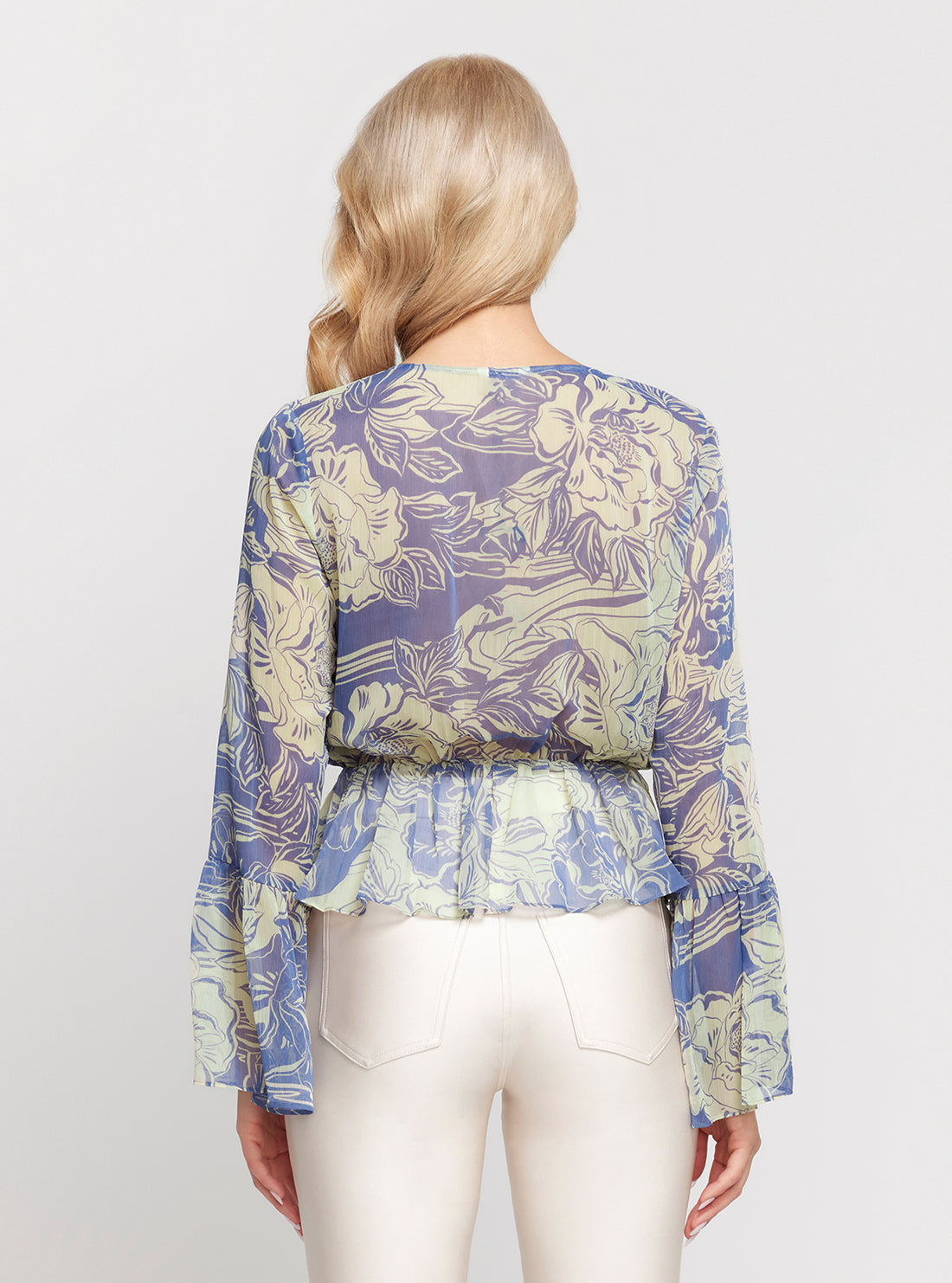 Blue Floral Print Long Sleeve Demi Top for Women - Elegant Blouse for Casual Wear, Office & Date Night Outfits