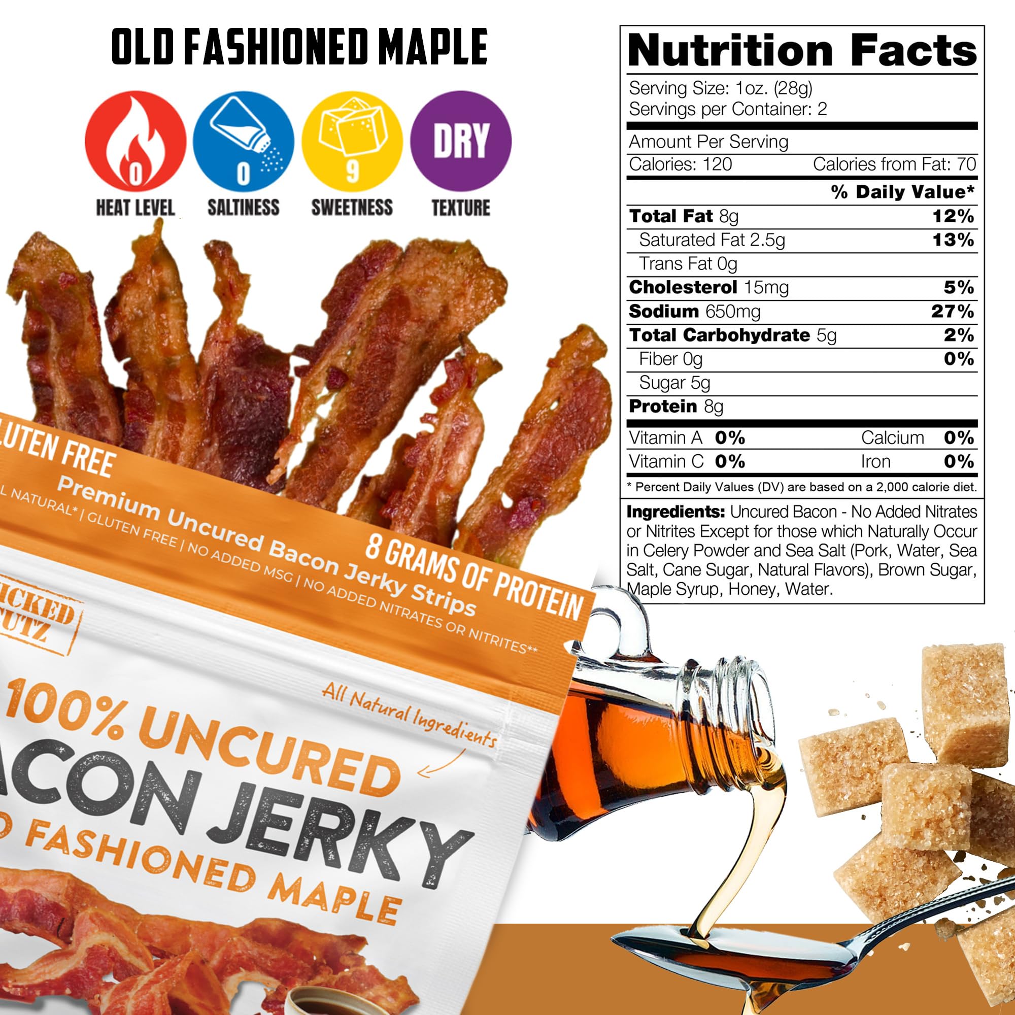 Premium Old Fashioned Maple Bacon Jerky - Tender, Flavorful & Easy to Chew | 16g Protein per Bag | Uncured, Fully Cooked Candied Bacon | Keto & Carnivore Friendly Snacks (2 Pack) - Perfect for Hiking, Road Trips & High-Protein Diets