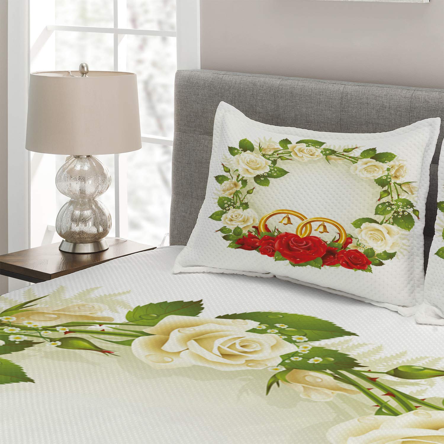 Ambesonne 3-Piece King Size Wedding Quilted Bedspread Set with 2 Pillow Shams - White, Red & Green Rose Floral Design with Wedding Rings for Romantic Bedroom Decor | Perfect for Anniversary Gifts, Honeymoon Suite & Master Bedroom