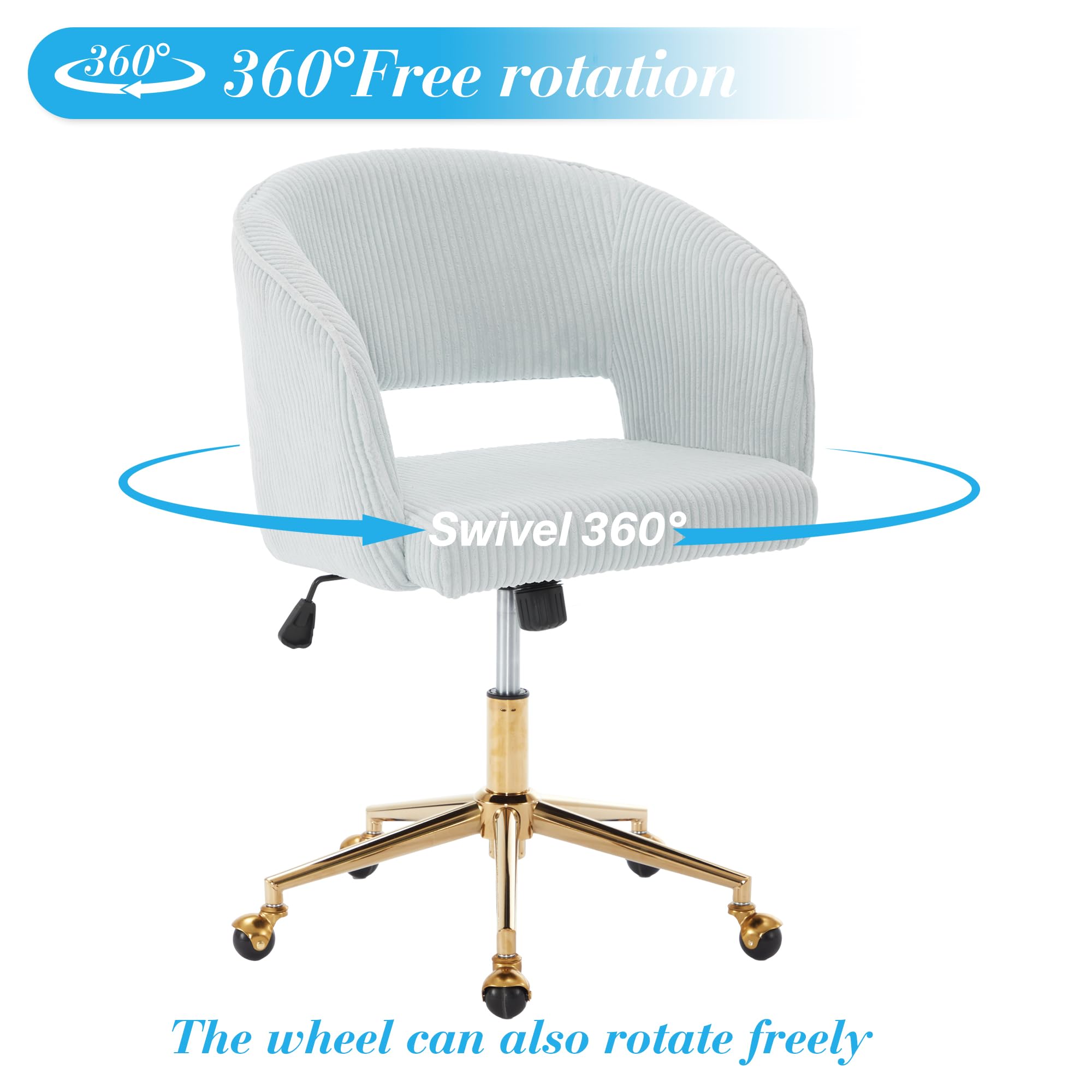 Ergonomic Swivel Office Chair with Corduroy Fabric & Gold Base - Comfortable Tufted Desk Chair for Women, Girls, Home Office, Study & Computer Work - Light Blue Accent Armchair for Living Room & Workspace