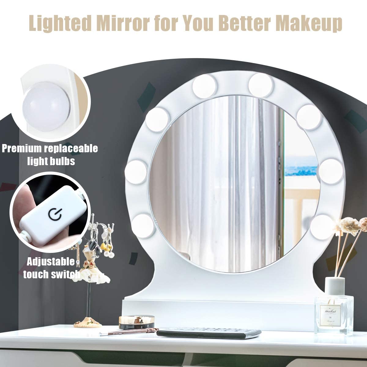 Giantex White Vanity Set with Round Lighted Mirror - Adjustable Brightness Makeup Dressing Table with 8 LED Bulbs, Cushioned Stool & 2 Sliding Drawers | Perfect for Bedroom, Dorm Room & Bridal Makeup Station