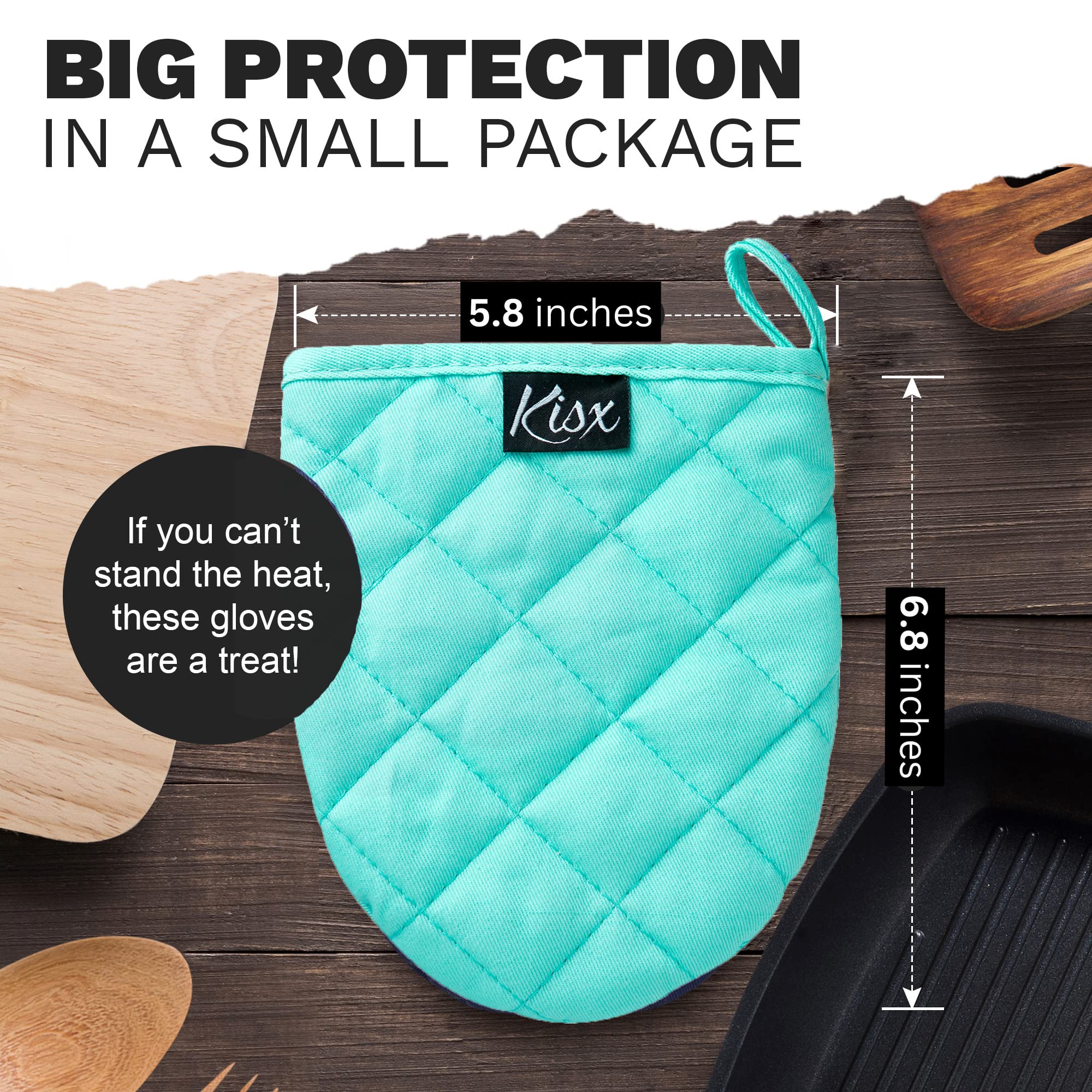 Heat Resistant Silicone Oven Mitts & Pot Holders Set - Aqua Color Mini Kitchen Gloves for Cooking, Baking, Grilling - Non-Slip Protection for Hot Pans, Dishes & Cookware
