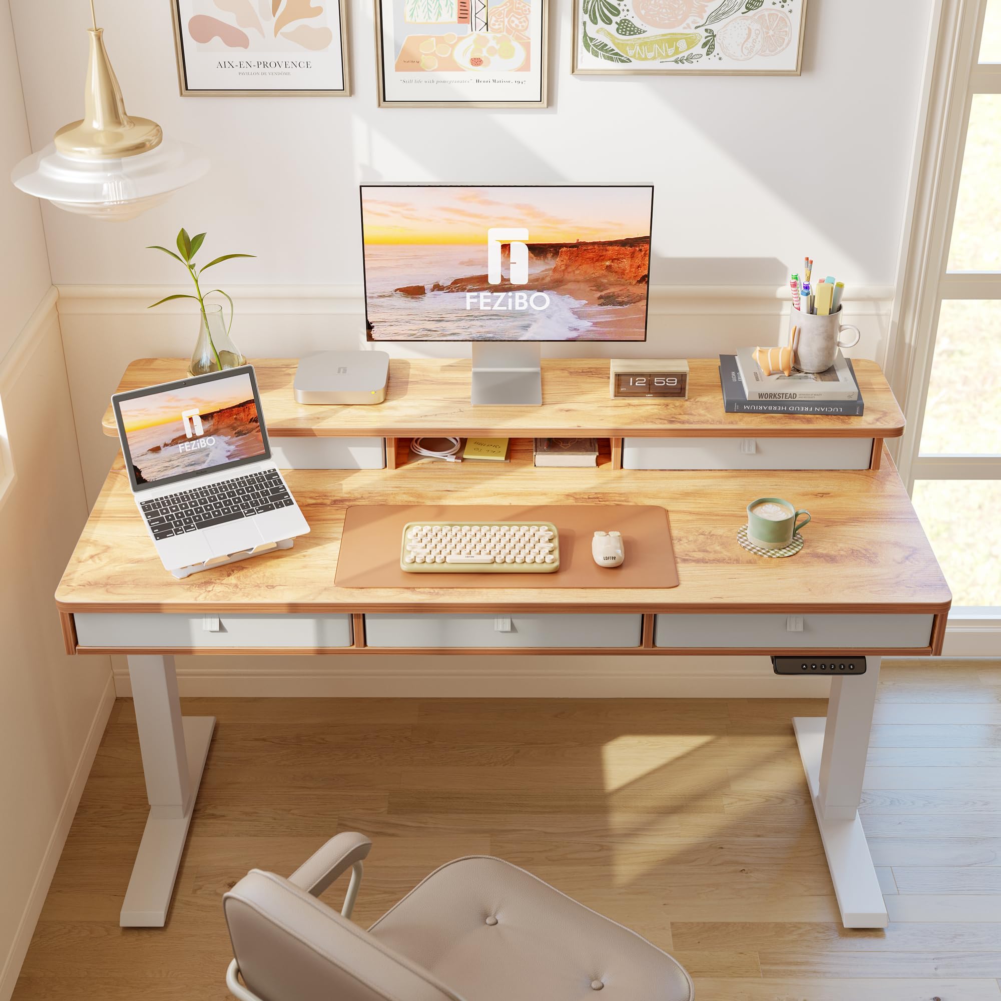 FEZIBO 55 Inch Electric Standing Desk with Storage Shelf & 5 Drawers - Adjustable Height Sit Stand Desk, White Frame & Light Rustic Top (55