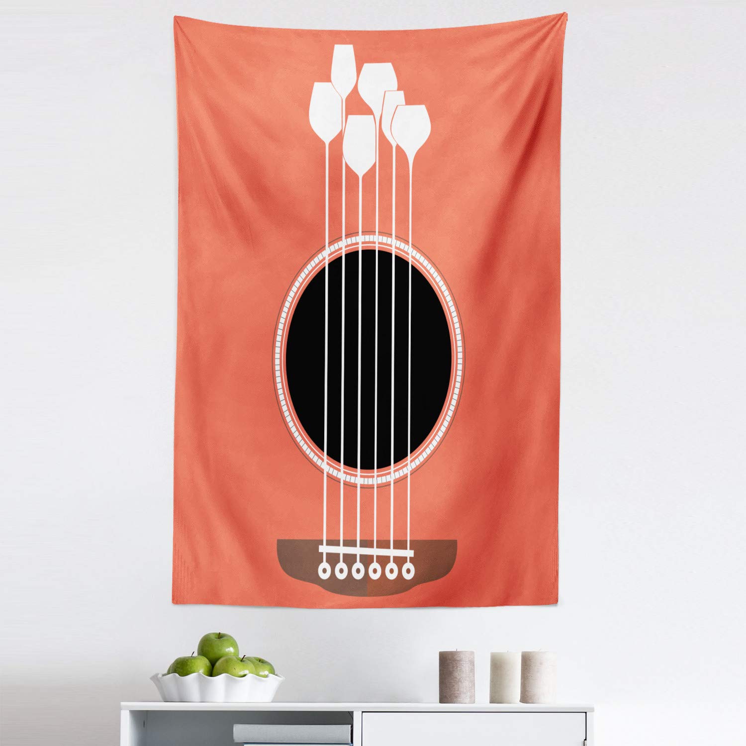 Ambesonne Musical Bar Tapestry - Acoustic Guitar & Wine Glass Design Fabric Wall Art for Bedroom, Living Room, Dorm Decor - 30x45 Inches Salmon White - Perfect for Music Lovers' Home & Party Decorations