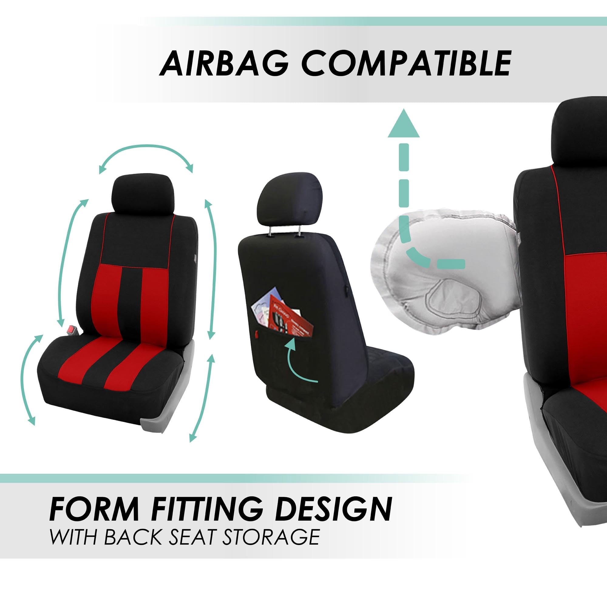 Premium FH Group Universal Car Seat Covers Full Set - Breathable Cloth Fabric, Airbag Compatible for Sedan, SUV, Van | Low Back Front & Split Bench Rear Seat Protectors | Perfect for Daily Commute, Road Trips & Family Travel (Red)