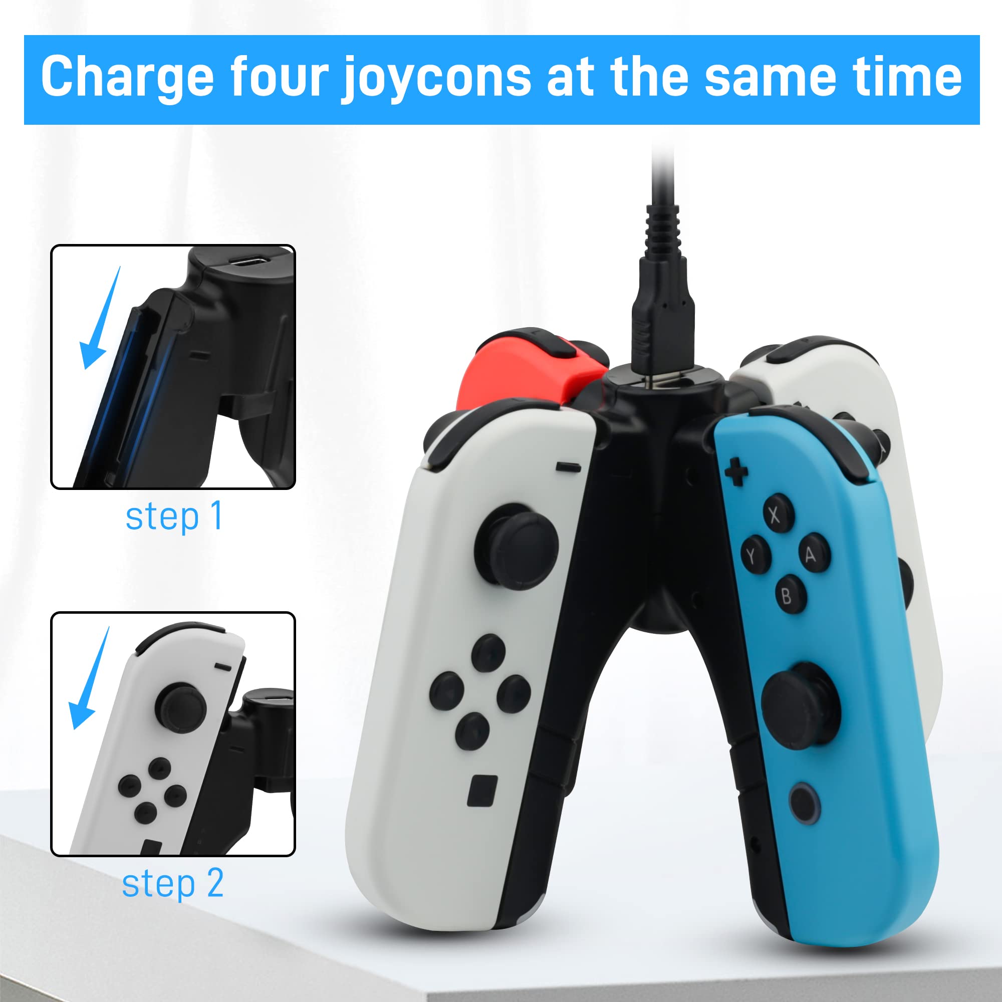4 in 1 Controller Charger Grip for Nintendo Switch JoyCon & Switch OLED - FANPL JoyCon Charging Dock with LED Indicator, USB Cable | Converts to Grip or Stand | Perfect for Gaming at Home or Travel