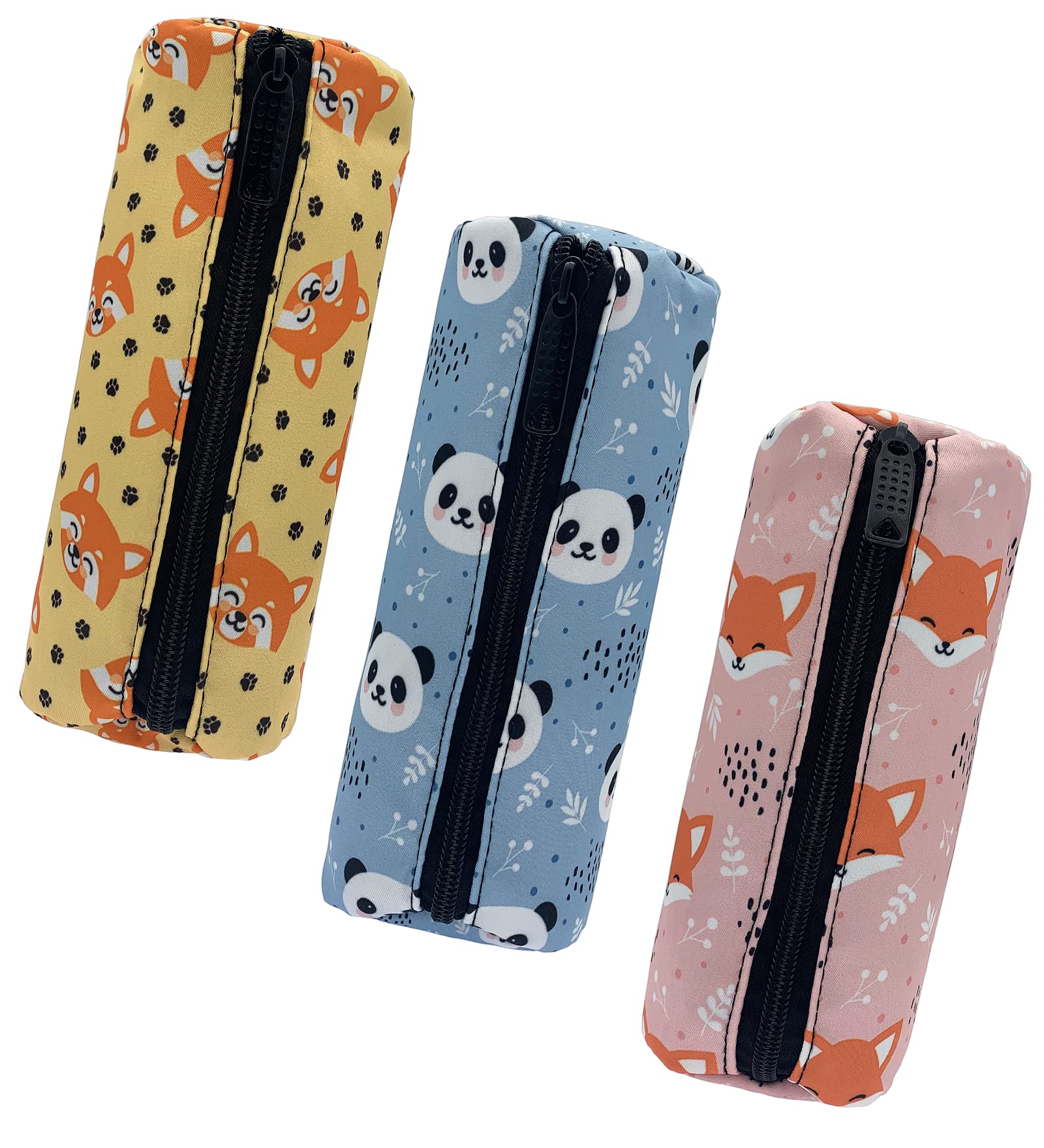 3-Piece Cute Zippered Pencil Case Organizer Set - Fox, Panda & Red Panda Design - Pen Pouch & Makeup Brush Bag for Students, Office & Travel (Perfect for School Supplies & Cosmetic Storage)
